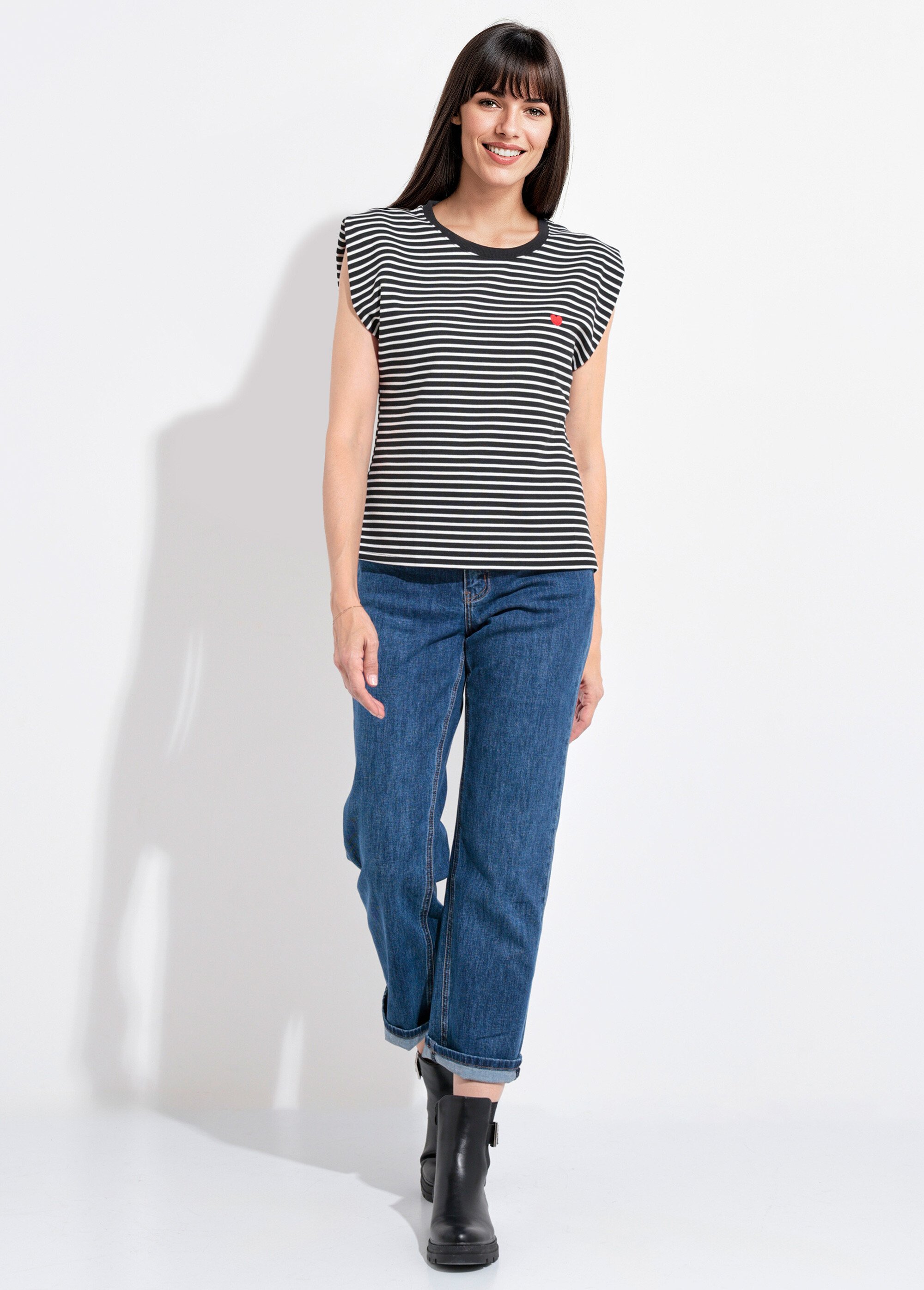 T-shirt rayé reliefé manches kimono Femme RAYE NOIR ET BLANC JB-B6147 SF1