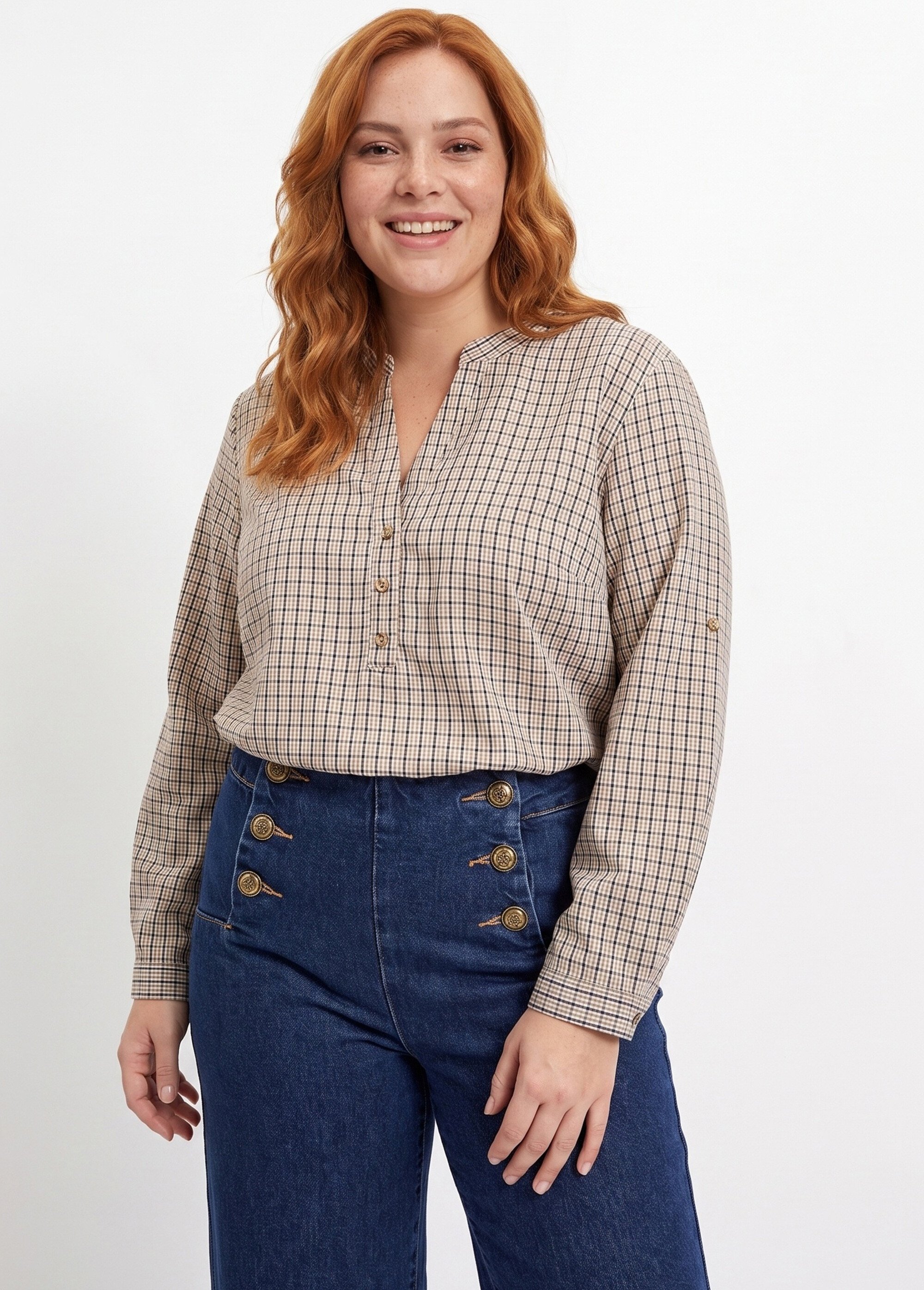 Tunique carreaux manches 3/4 relevables Femme Grande Taille Marron CHY-F671 FA1