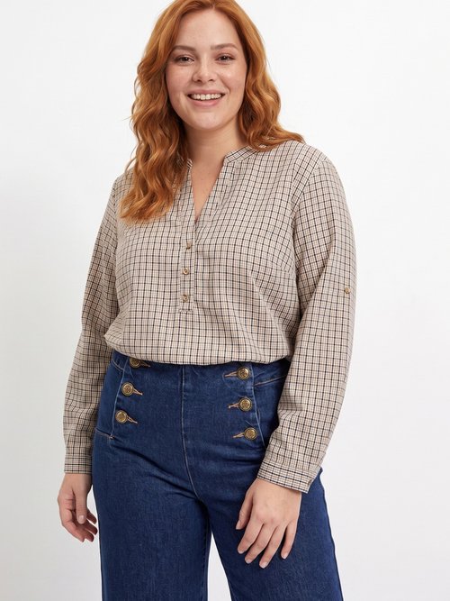 Tunique carreaux manches 3/4 relevables Femme Grande Taille Marron CHY-F671 FA1