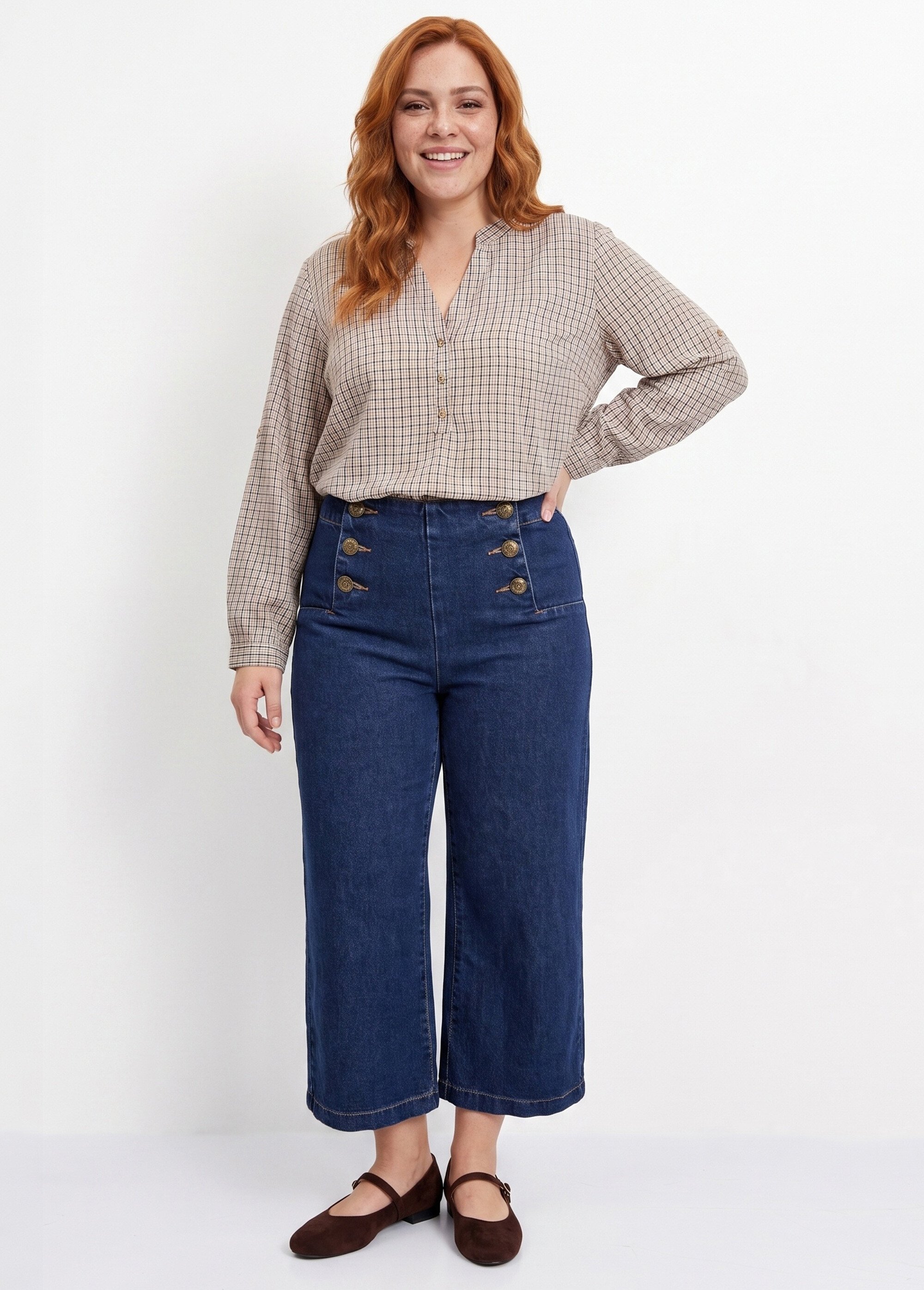 Tunique carreaux manches 3/4 relevables Femme Grande Taille Marron CHY-F671 SI1