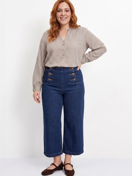 Tunique carreaux manches 3/4 relevables Femme Grande Taille Marron CHY-F671 SI1