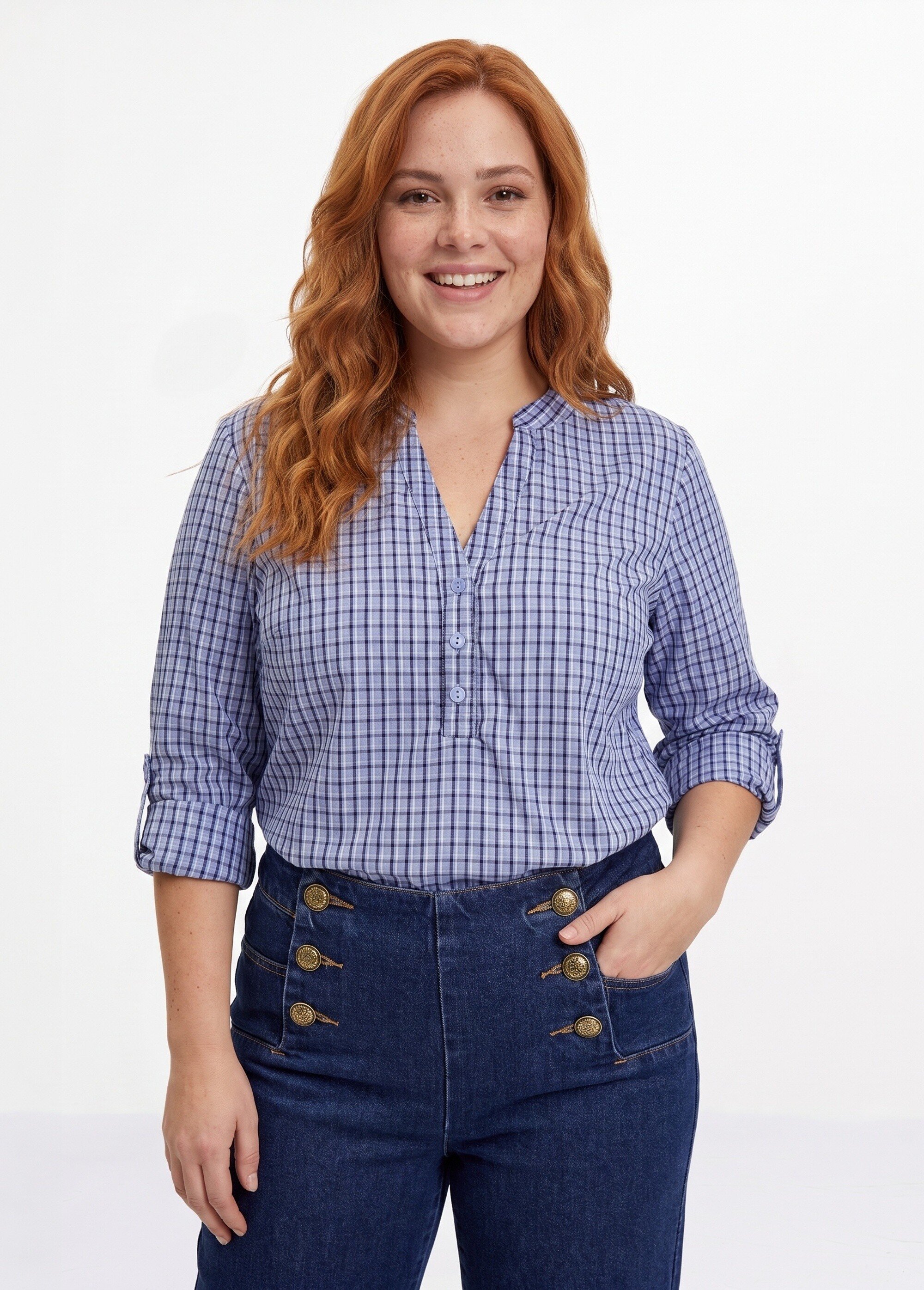 Tunique carreaux manches 3/4 relevables Femme Grande Taille Bleu CHY-F671 FA1