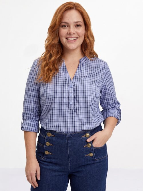 Tunique carreaux manches 3/4 relevables Femme Grande Taille Bleu CHY-F671 FA1