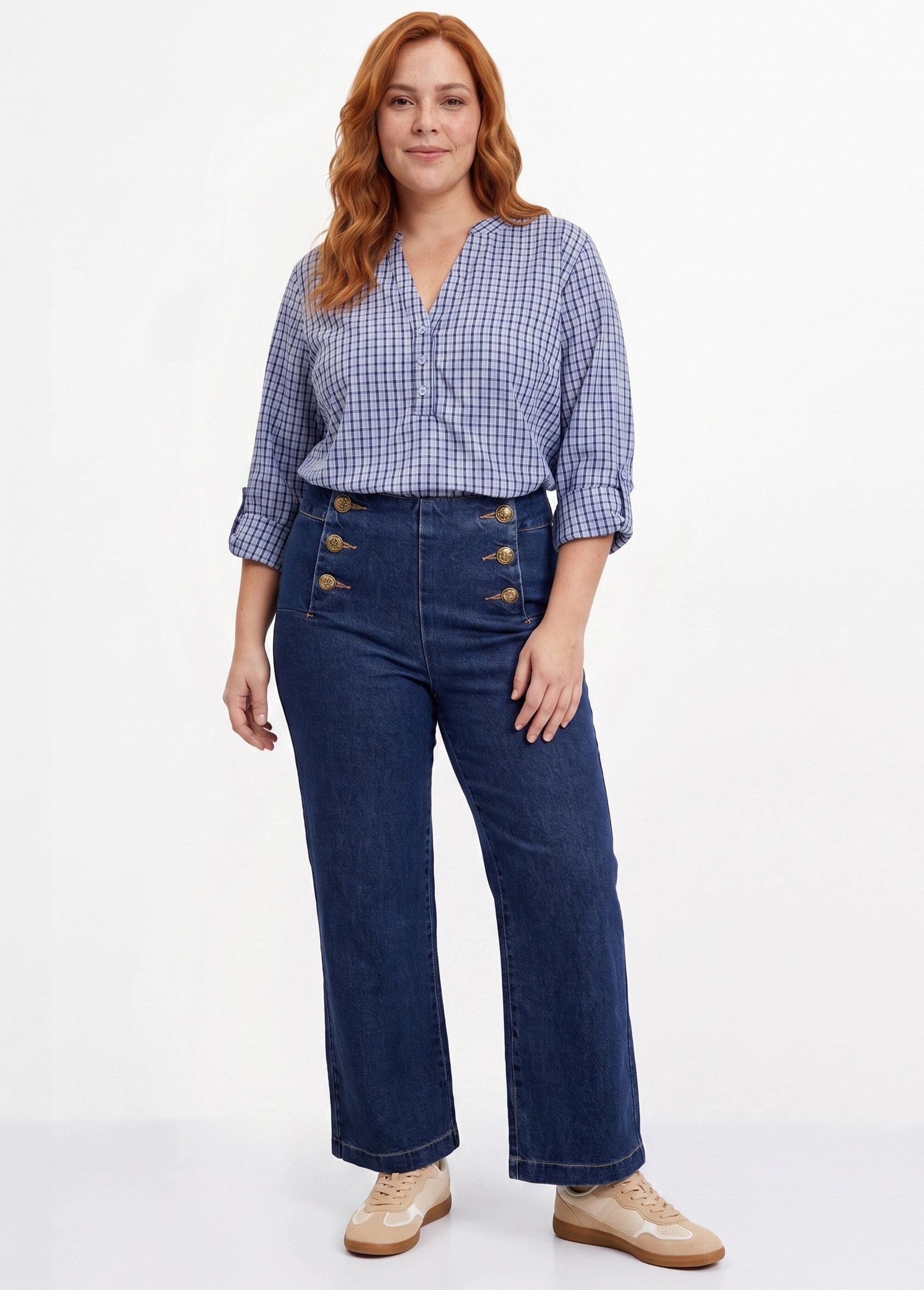 Tunique carreaux manches 3/4 relevables Femme Grande Taille Bleu CHY-F671 SI1