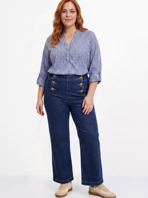 Tunique carreaux manches 3/4 relevables Femme Grande Taille Bleu CHY-F671 SI1