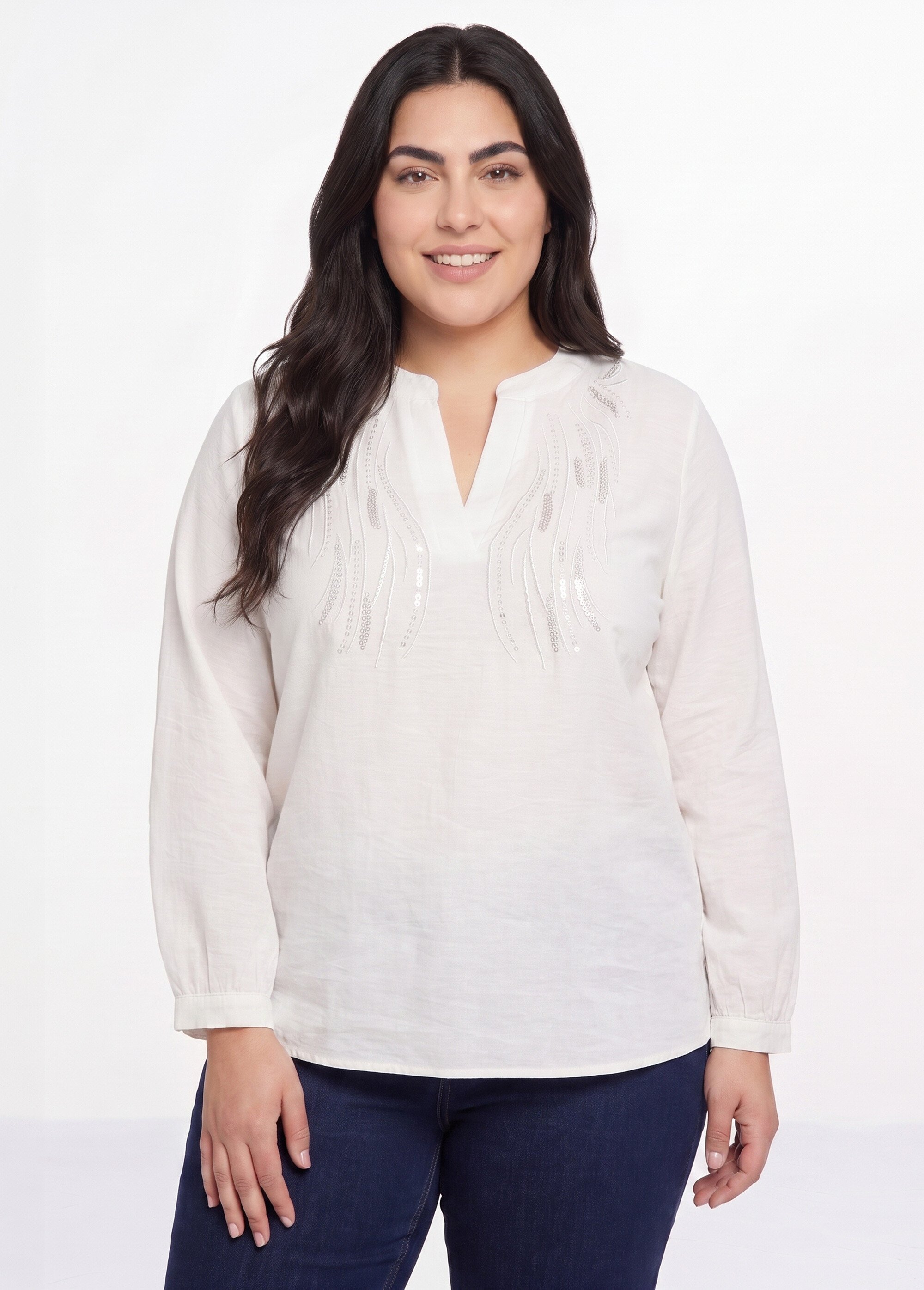 Tunique manches longues encolure sequins Femme Grande Taille Blanc CHY-F688 FA1