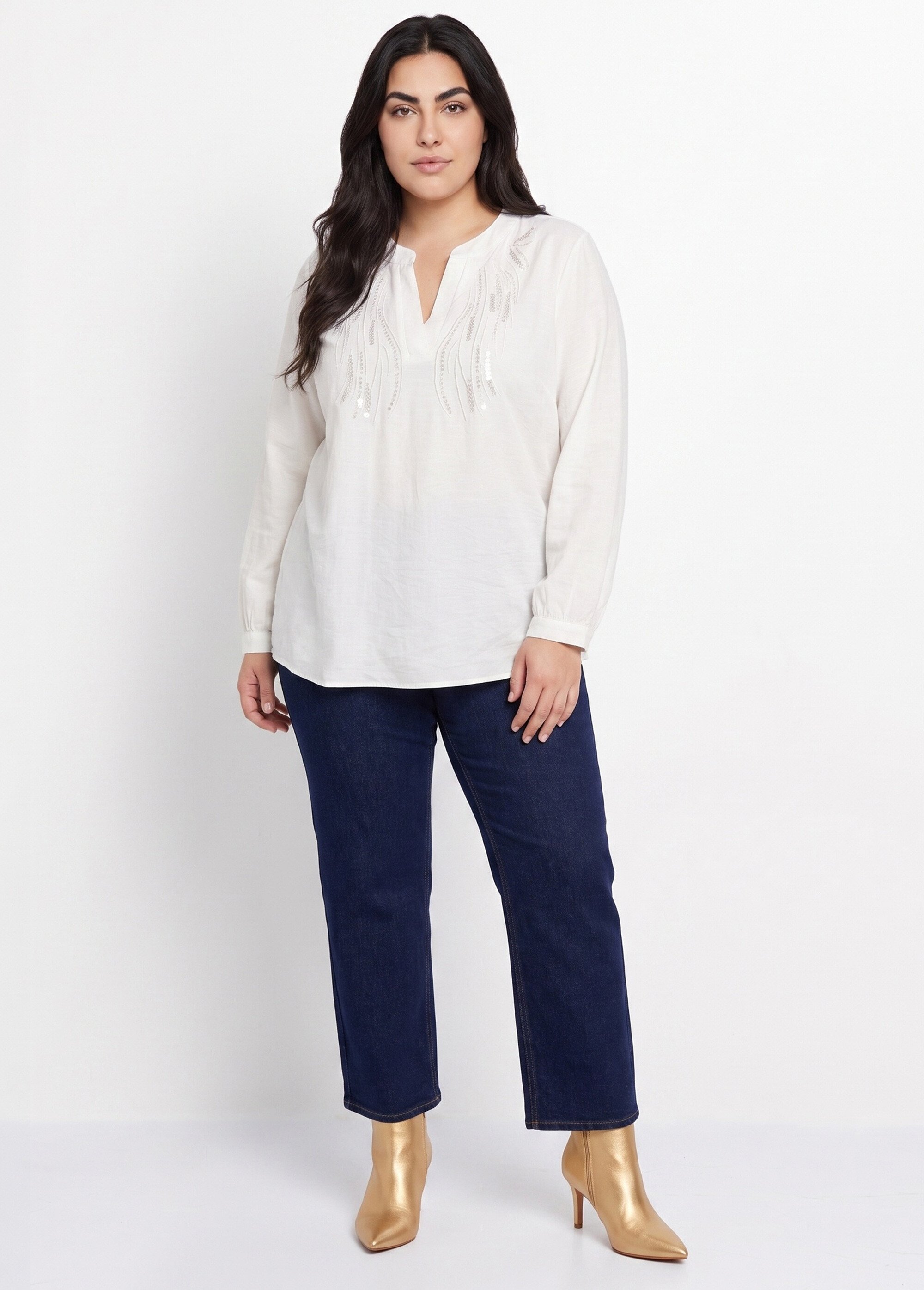Tunique manches longues encolure sequins Femme Grande Taille Blanc CHY-F688 SI1