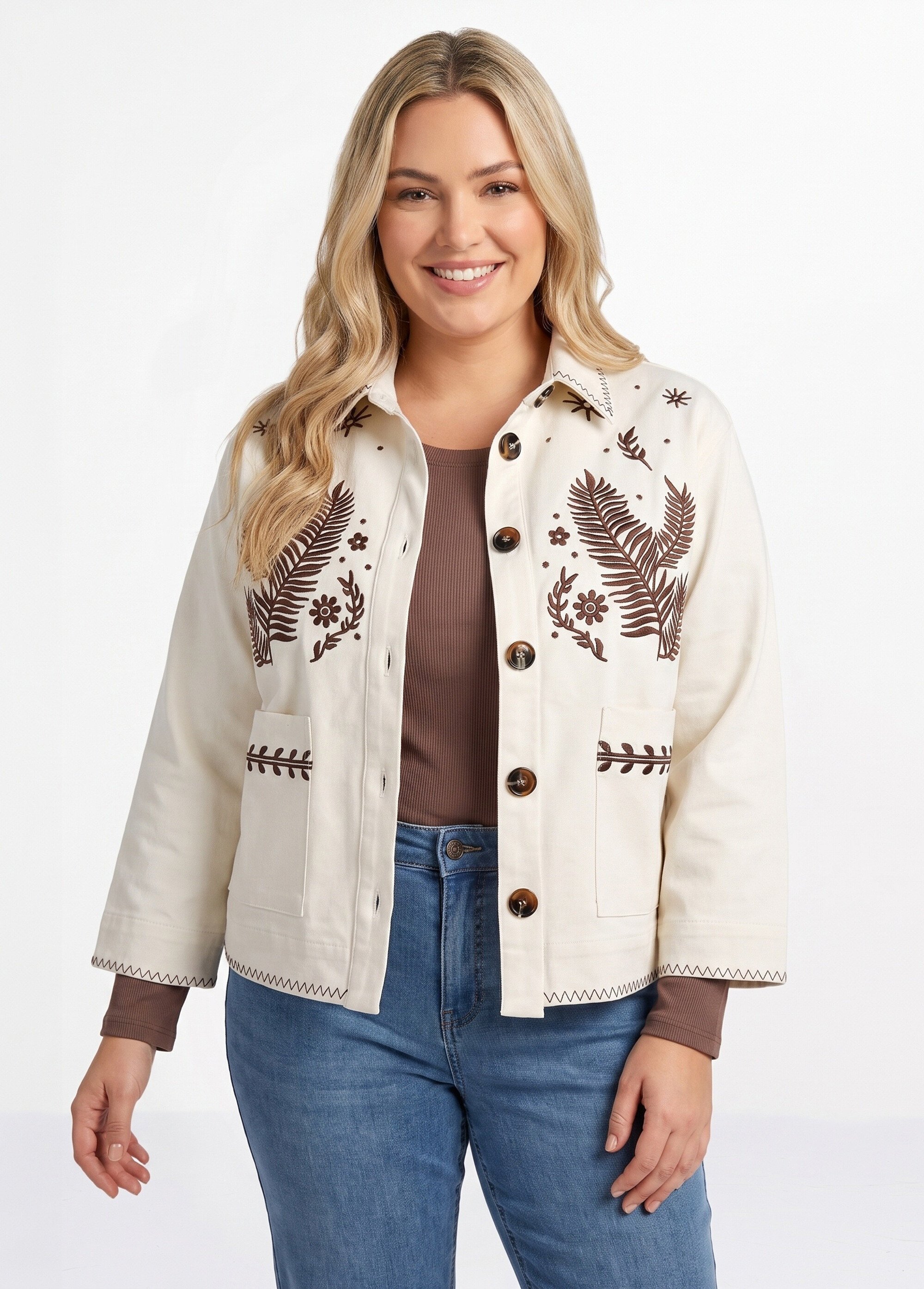 Veste courte en twill avec broderies Femme Grande Taille Beige CHY-1939 FA1