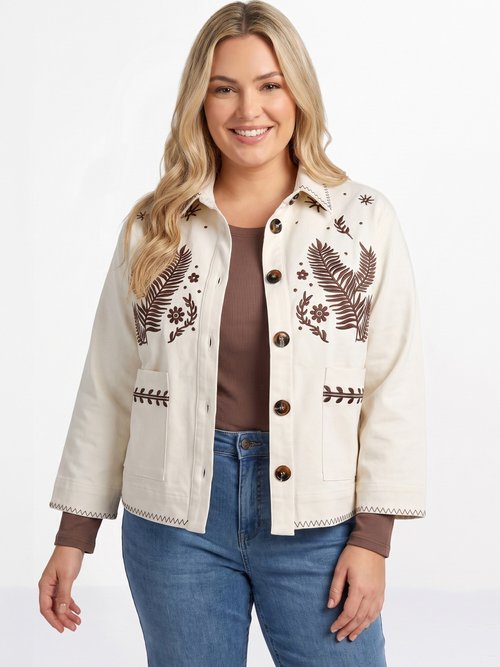 Veste courte en twill avec broderies Femme Grande Taille Beige CHY-1939 FA1