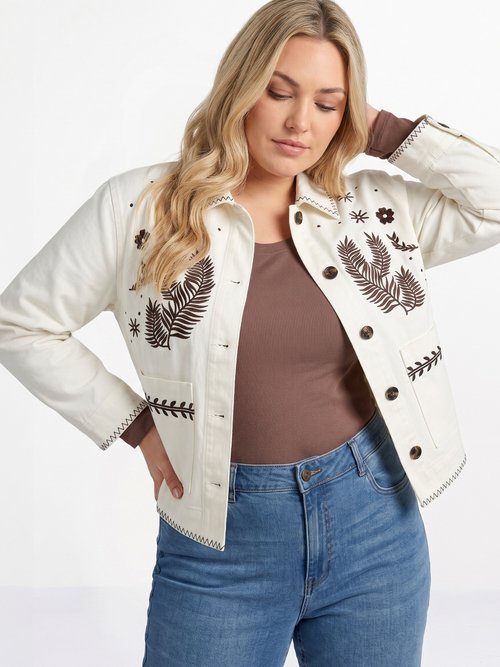 Veste courte en twill avec broderies Femme Grande Taille Beige CHY-1939 MV1