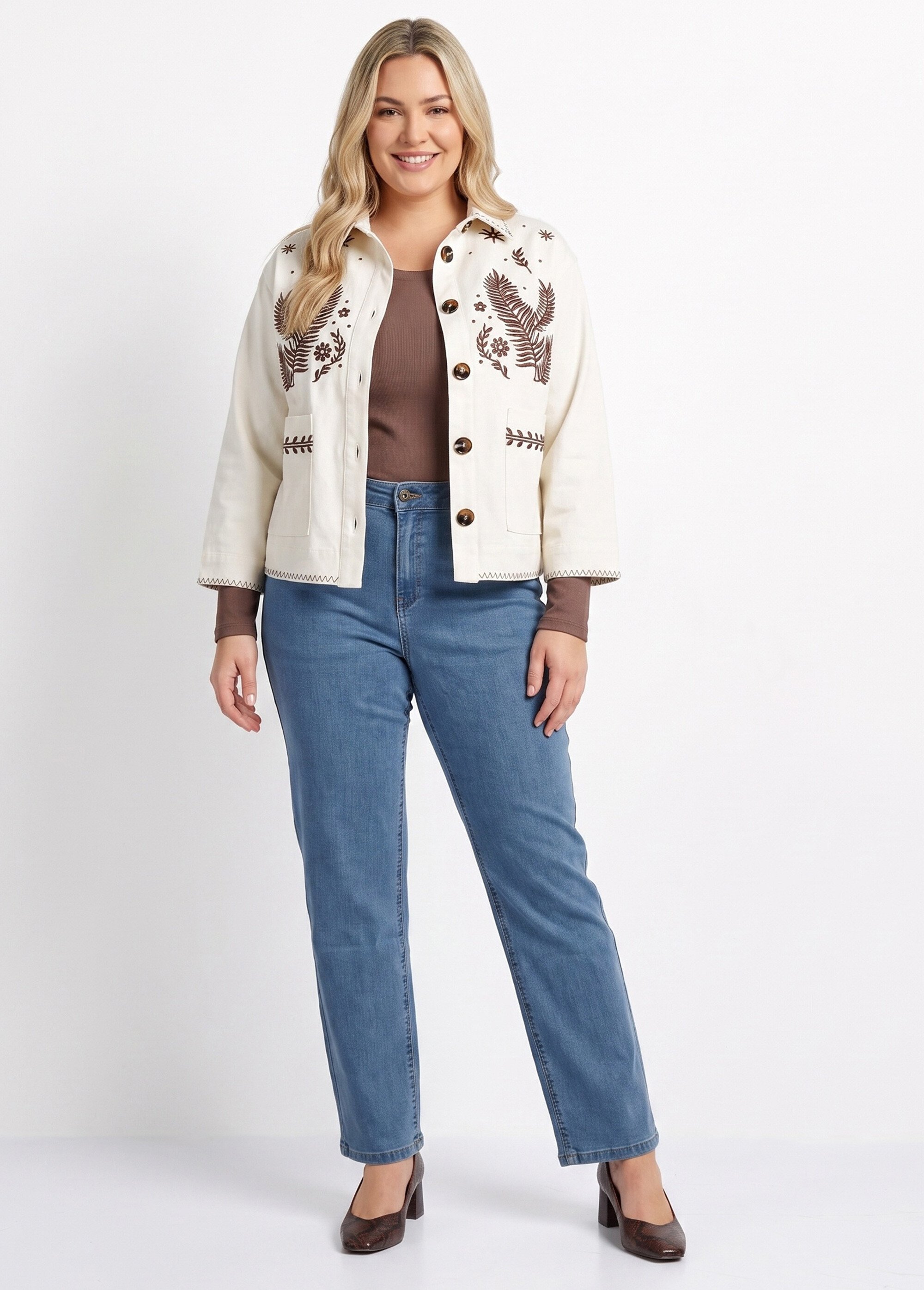 Veste courte en twill avec broderies Femme Grande Taille Beige CHY-1939 SI1