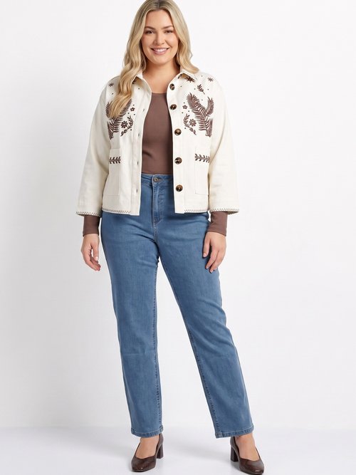 Veste courte en twill avec broderies Femme Grande Taille Beige CHY-1939 SI1