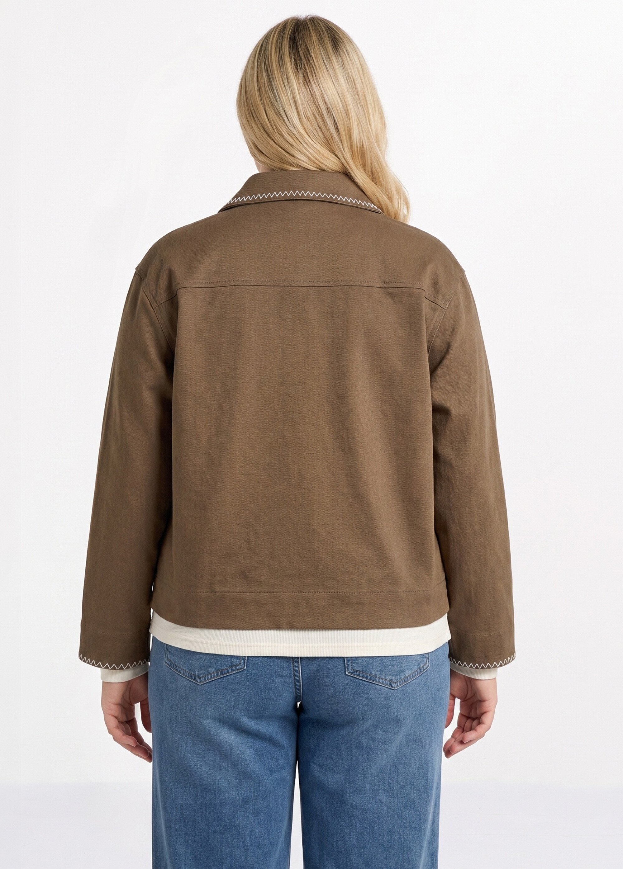 Veste courte en twill avec broderies Femme Grande Taille Marron CHY-1939 DO1