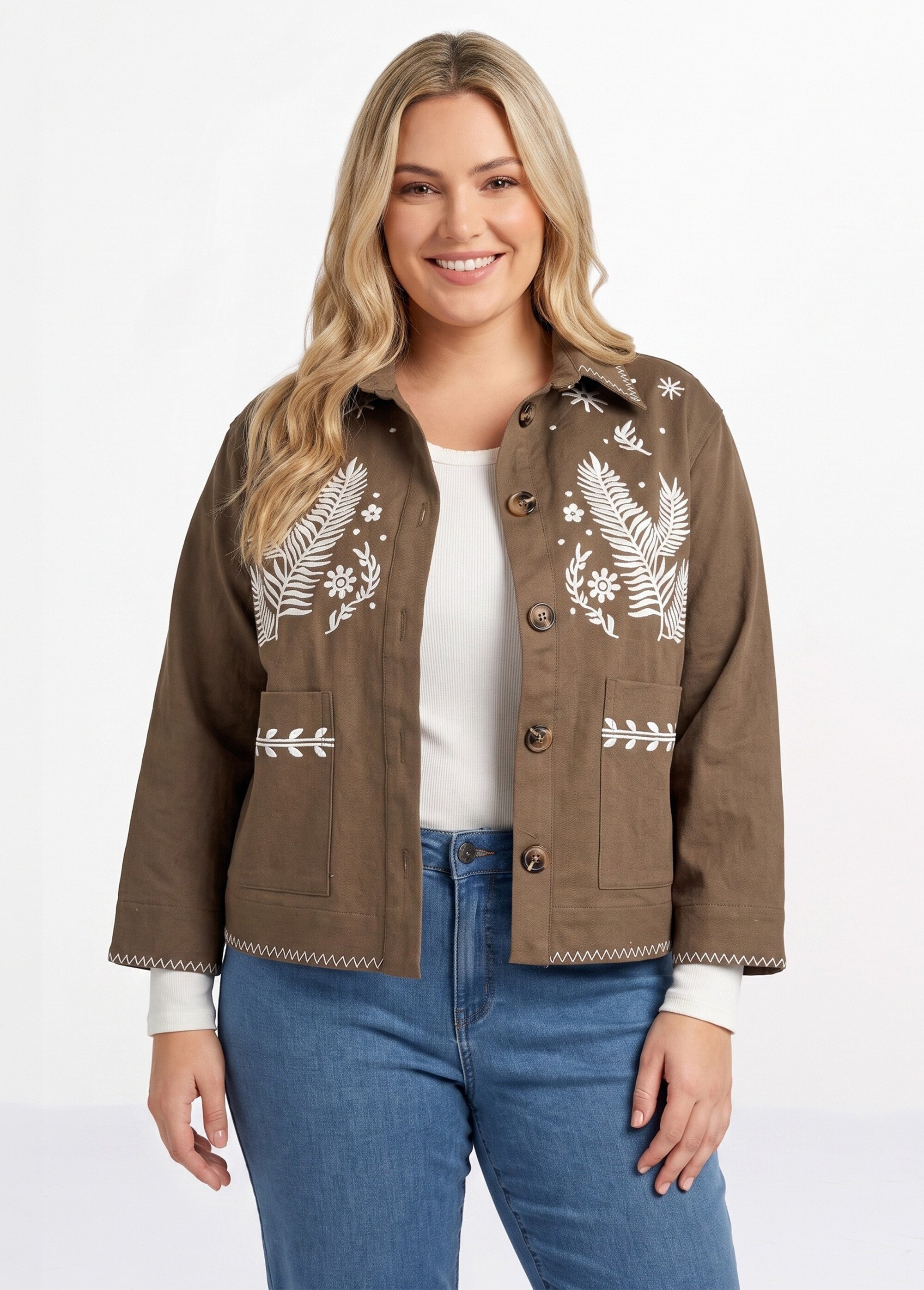 Veste courte en twill avec broderies Femme Grande Taille Marron CHY-1939 FA1
