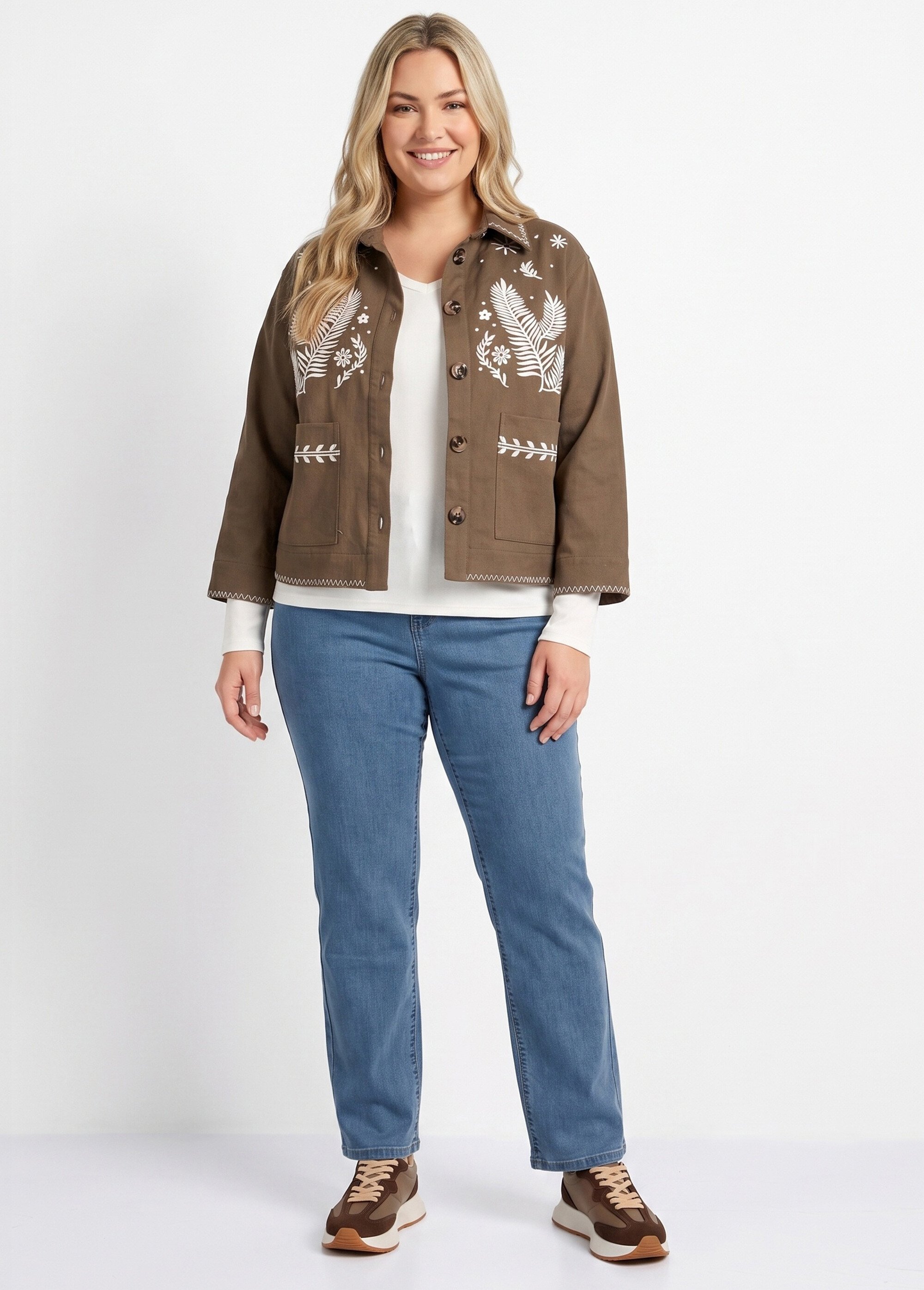 Veste courte en twill avec broderies Femme Grande Taille Marron CHY-1939 SI1