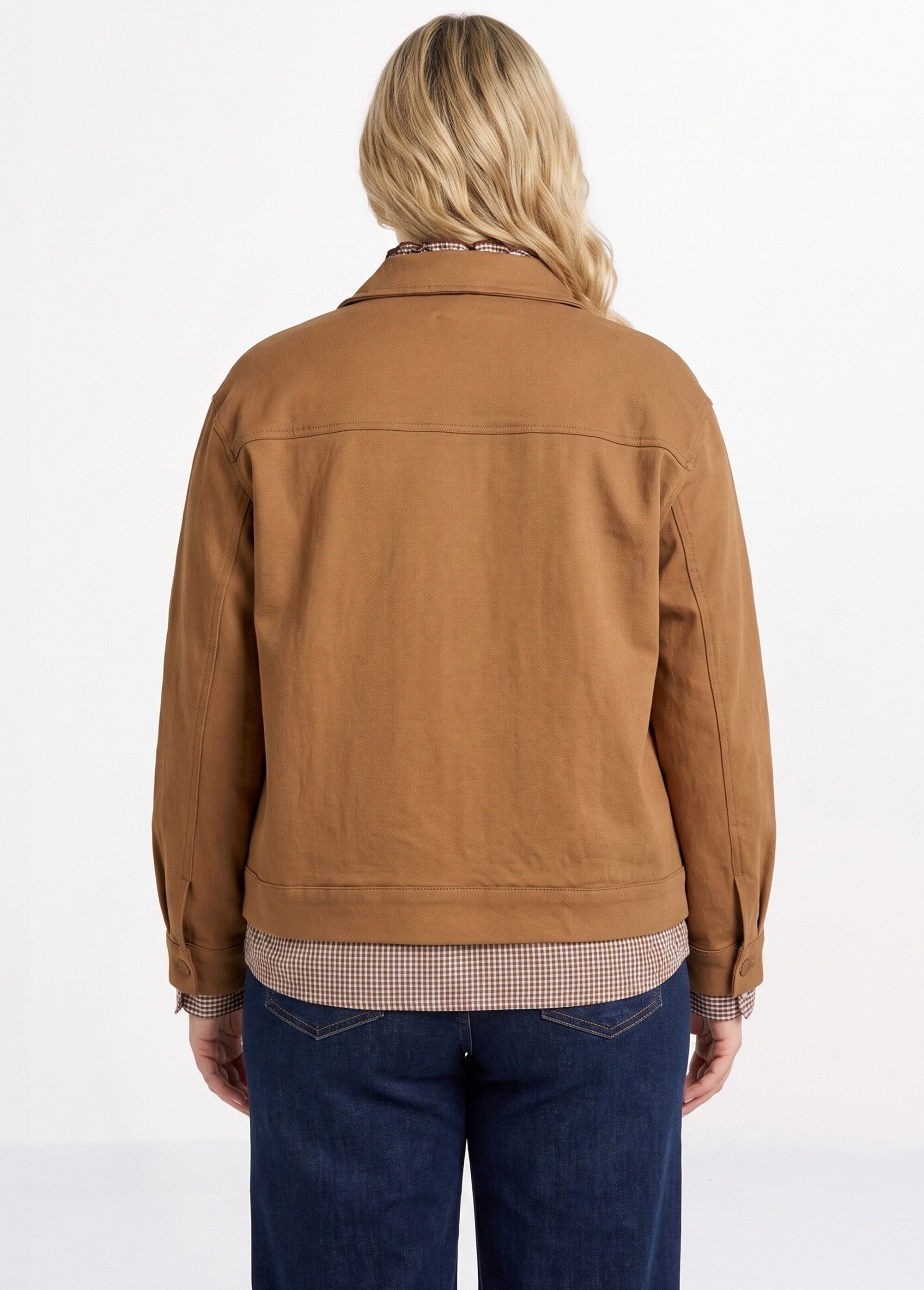 Veste courte en twill style paletot Femme Grande Taille Marron CHY-1941 DO1