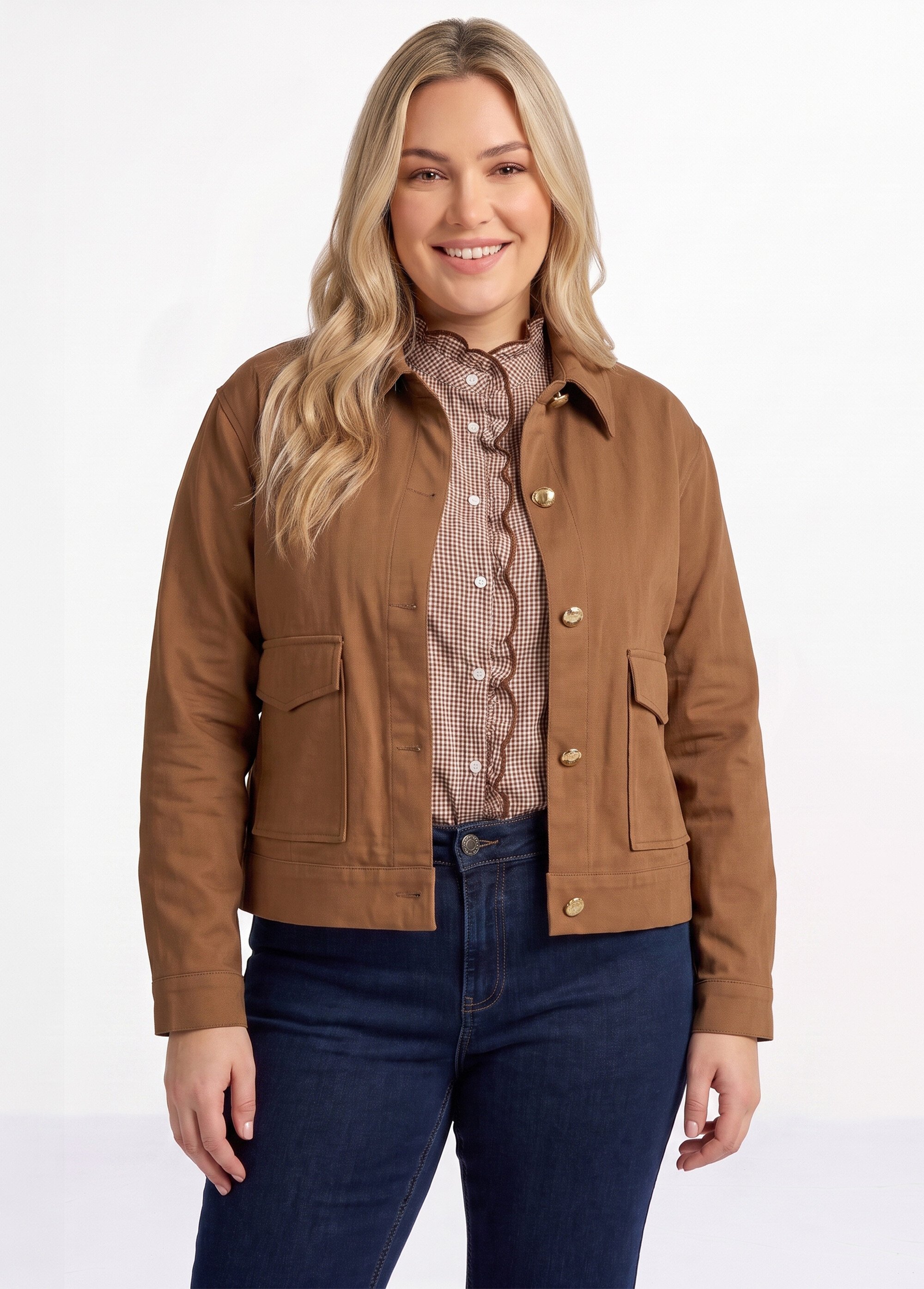 Veste courte en twill style paletot Femme Grande Taille Marron CHY-1941 FA1