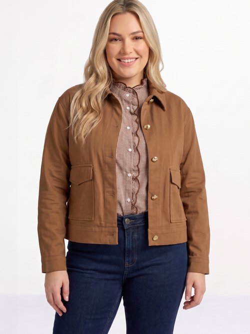 Veste courte en twill style paletot Femme Grande Taille Marron CHY-1941 FA1