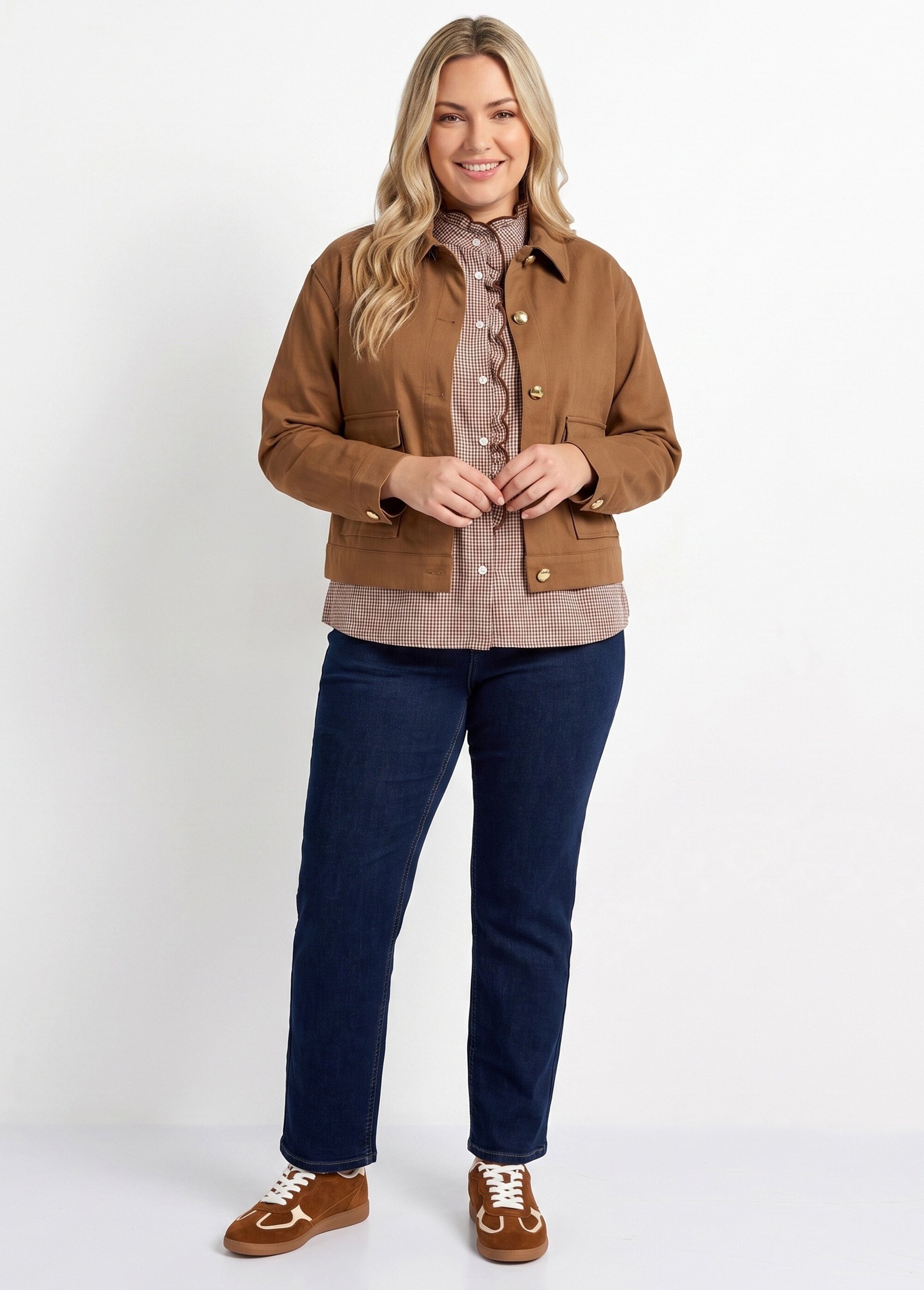 Veste courte en twill style paletot Femme Grande Taille Marron CHY-1941 SI1