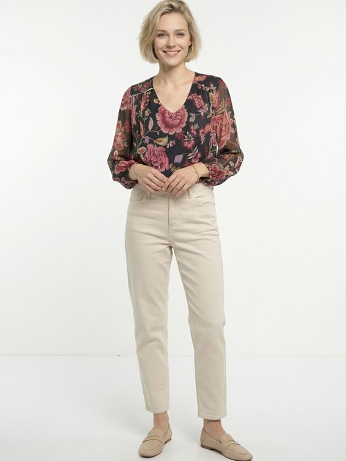 Blouse col V manches longues voile fleuri Femme Noir CALMIRA SF1