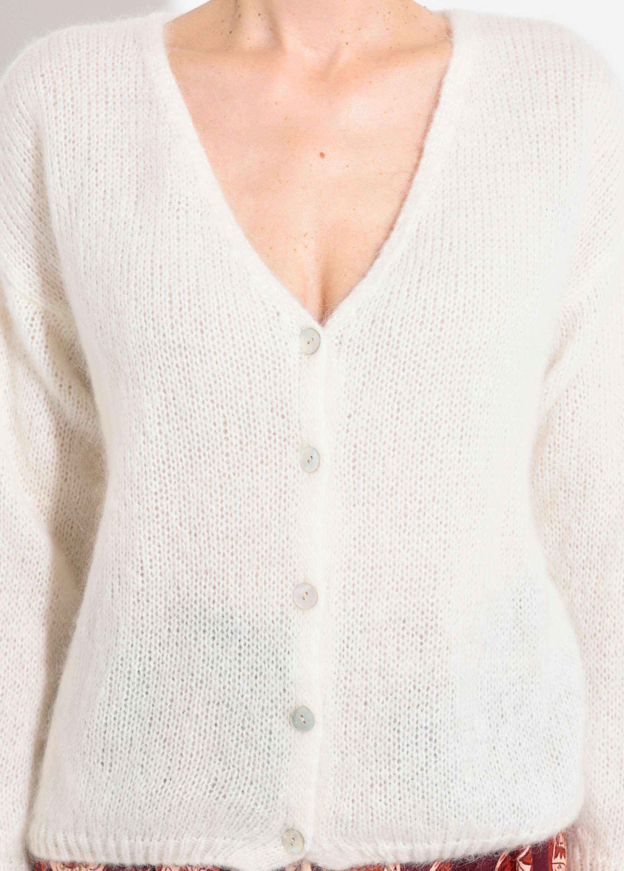 Gilet chaud maille douce mohair col V Femme Beige AND-1658 DE1