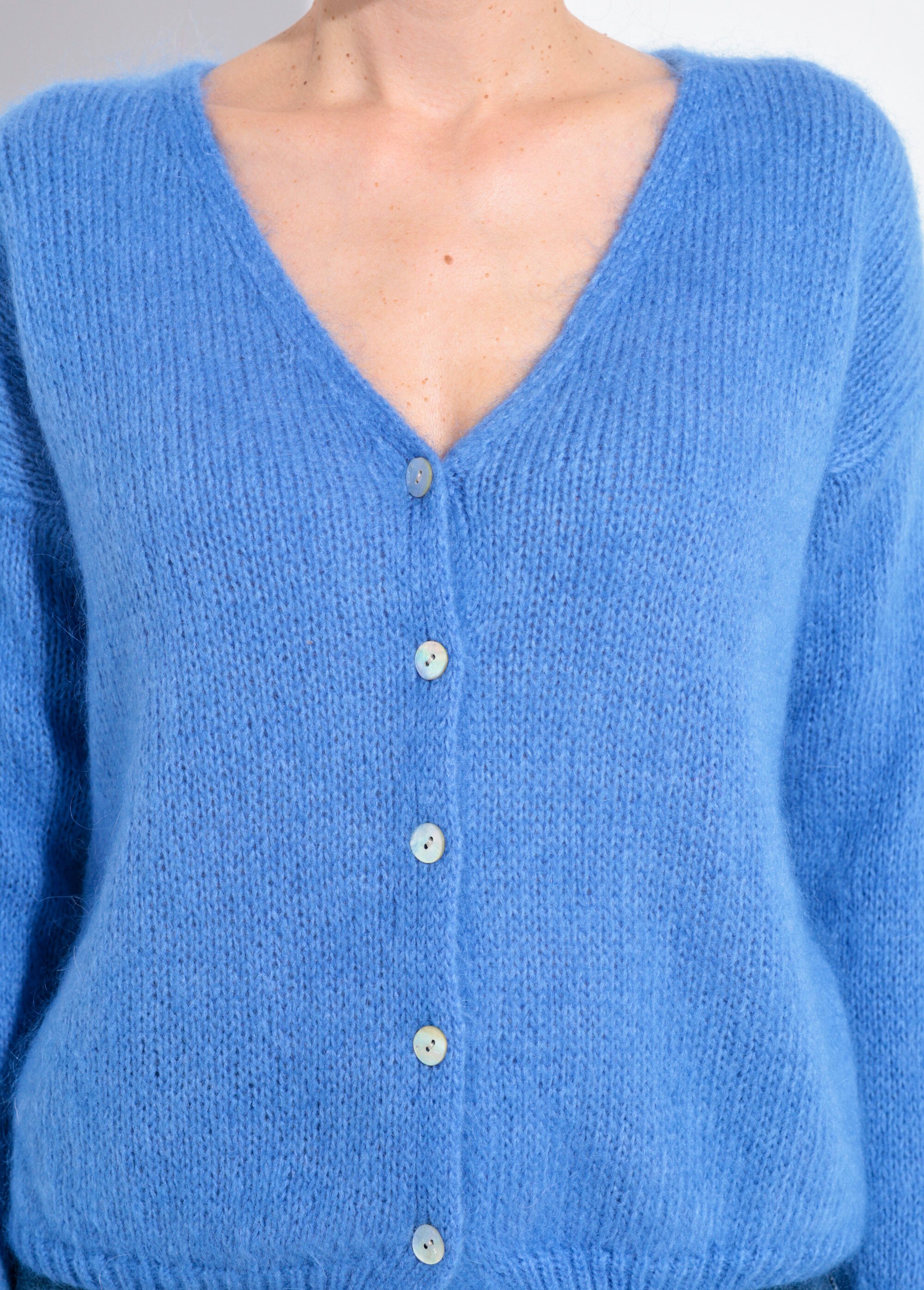 Gilet chaud maille douce mohair col V Femme Bleu AND-1658 DE1