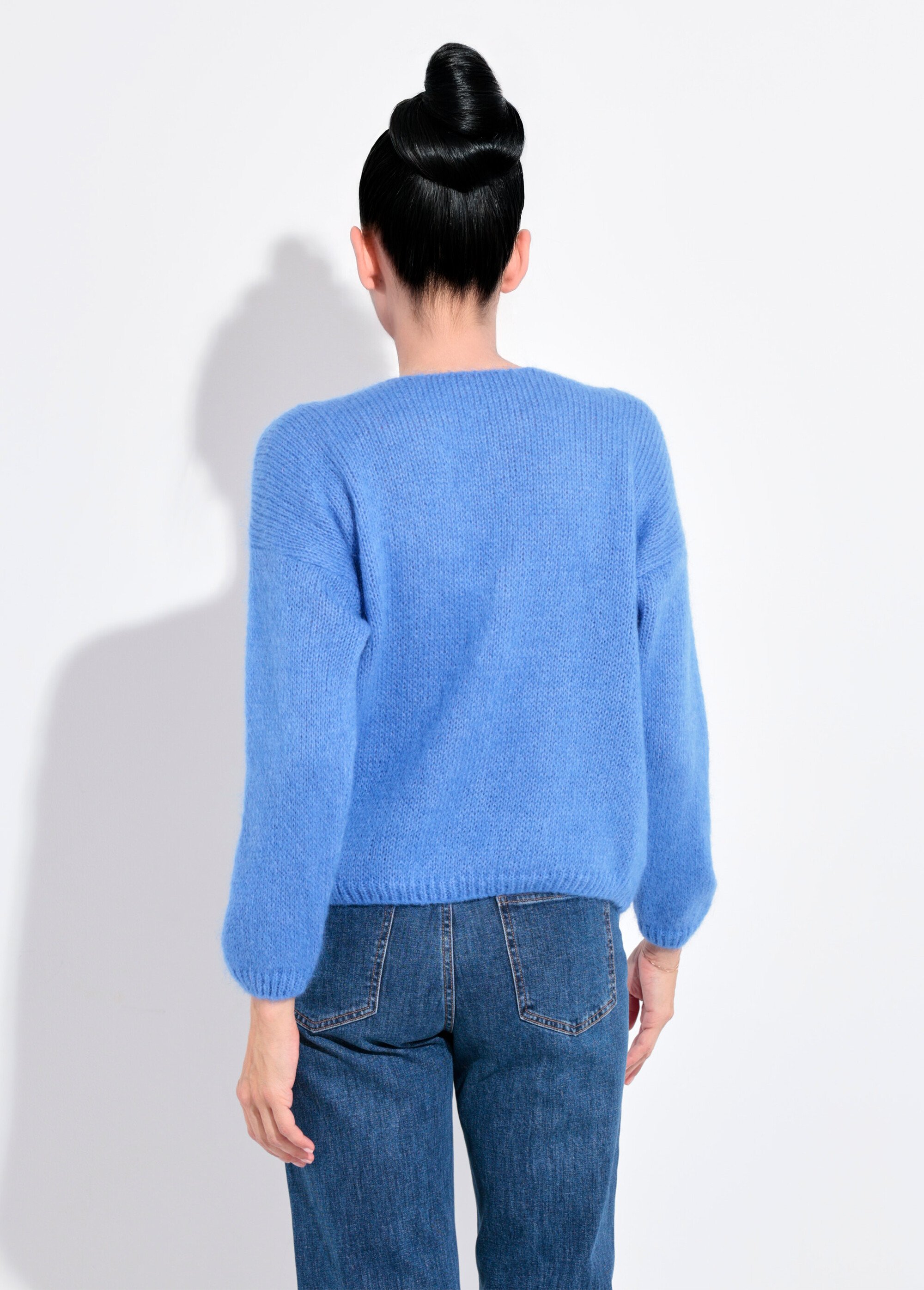 Gilet chaud maille douce mohair col V Femme Bleu AND-1658 DO1