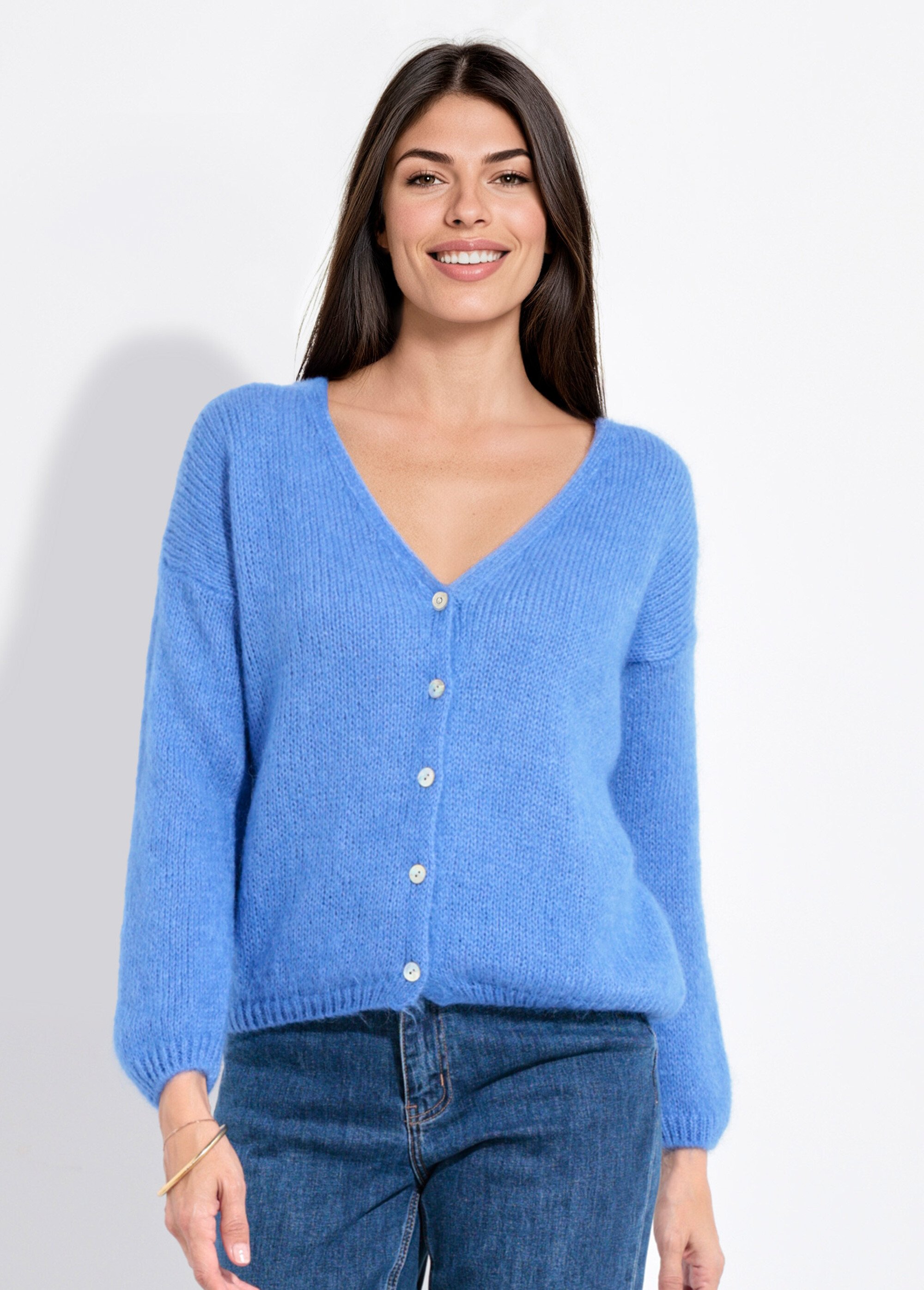 Gilet chaud maille douce mohair col V Femme Bleu AND-1658 FA1