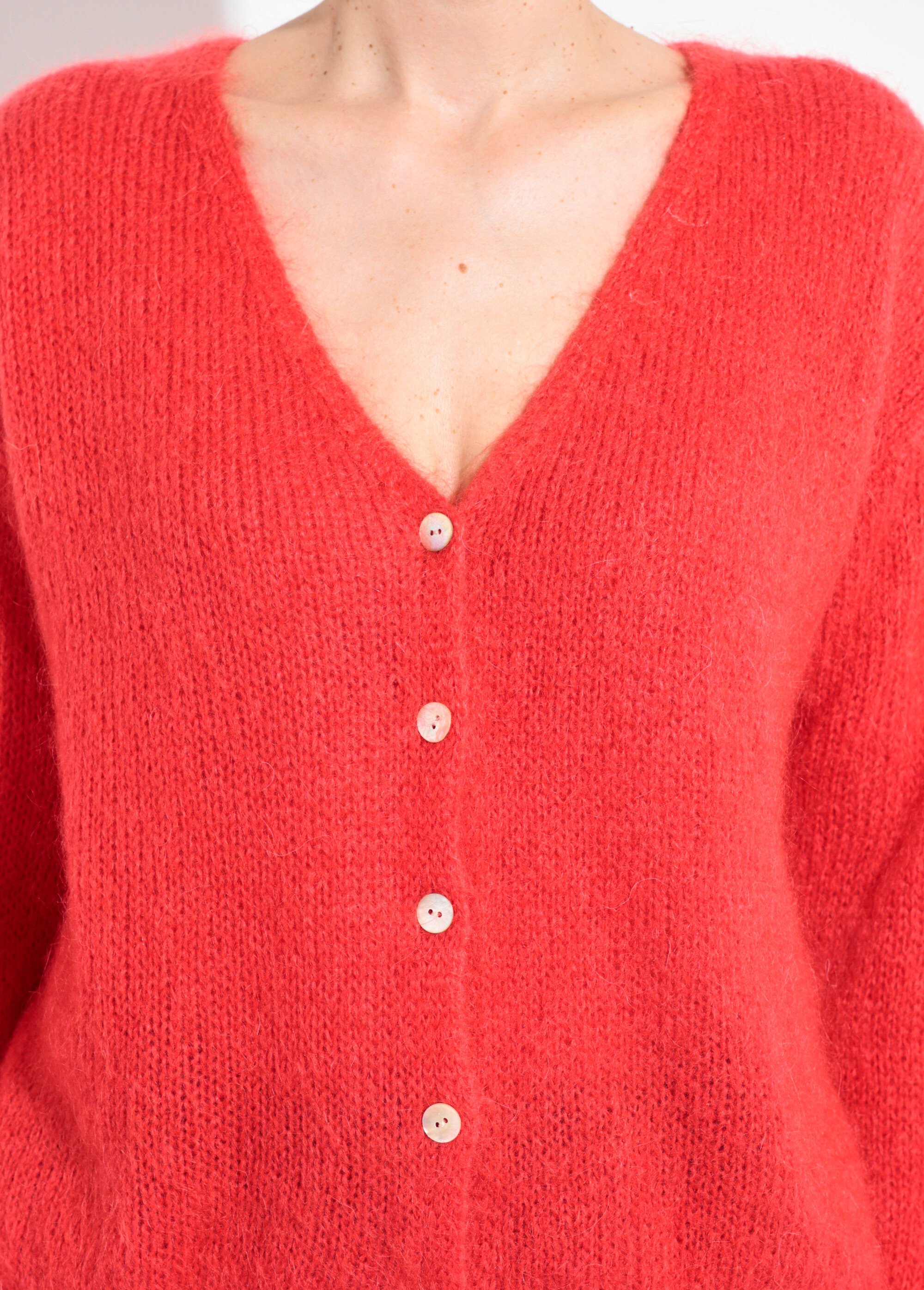 Gilet chaud maille douce mohair col V Femme Rouge AND-1658 DE1