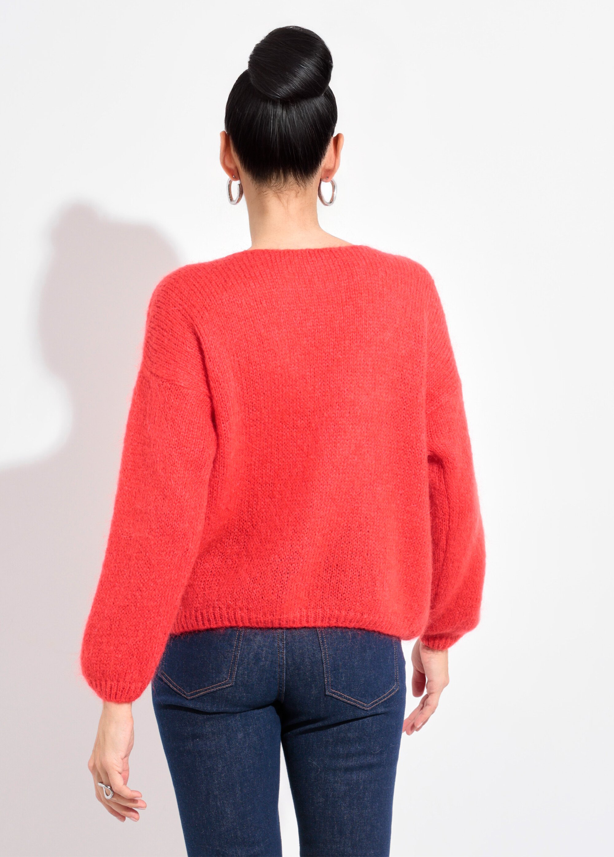 Gilet chaud maille douce mohair col V Femme Rouge AND-1658 DO1