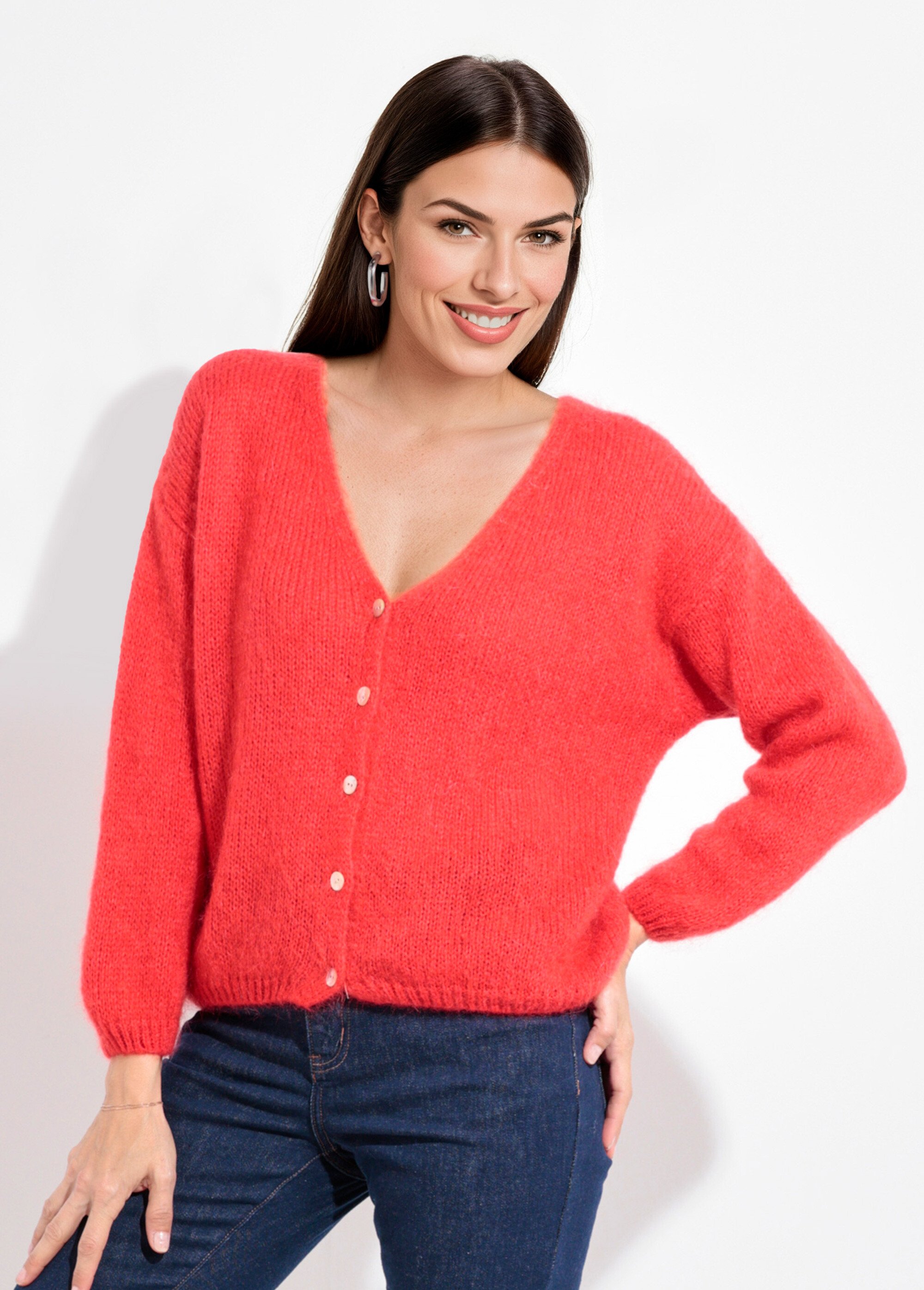 Gilet chaud maille douce mohair col V Femme Rouge AND-1658 FA1