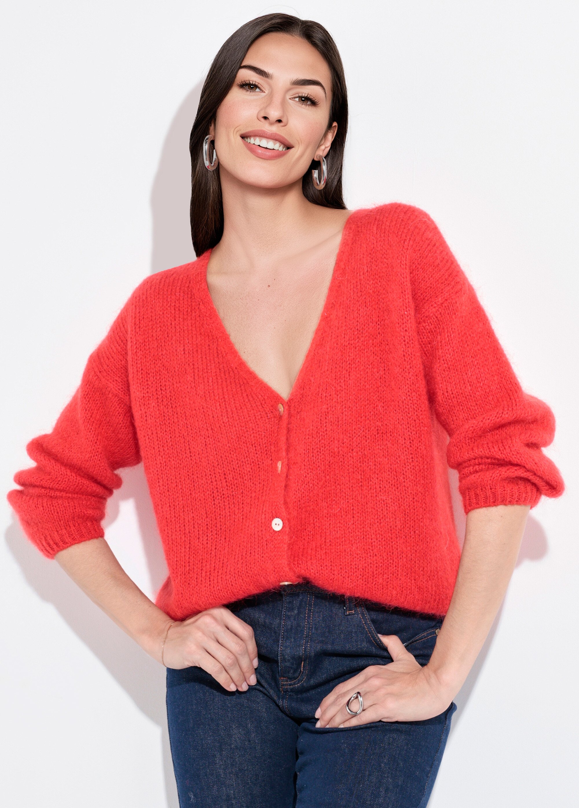 Gilet chaud maille douce mohair col V Femme Rouge AND-1658 MV1