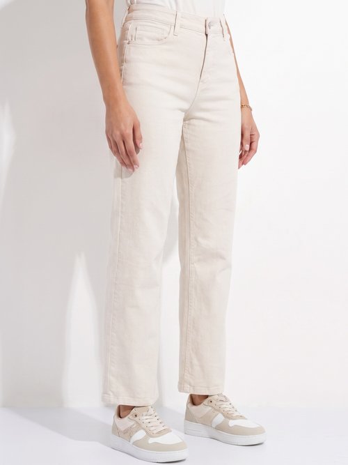 Jean couleur 5 poches droit taille haute Femme Beige NAMORE FA1