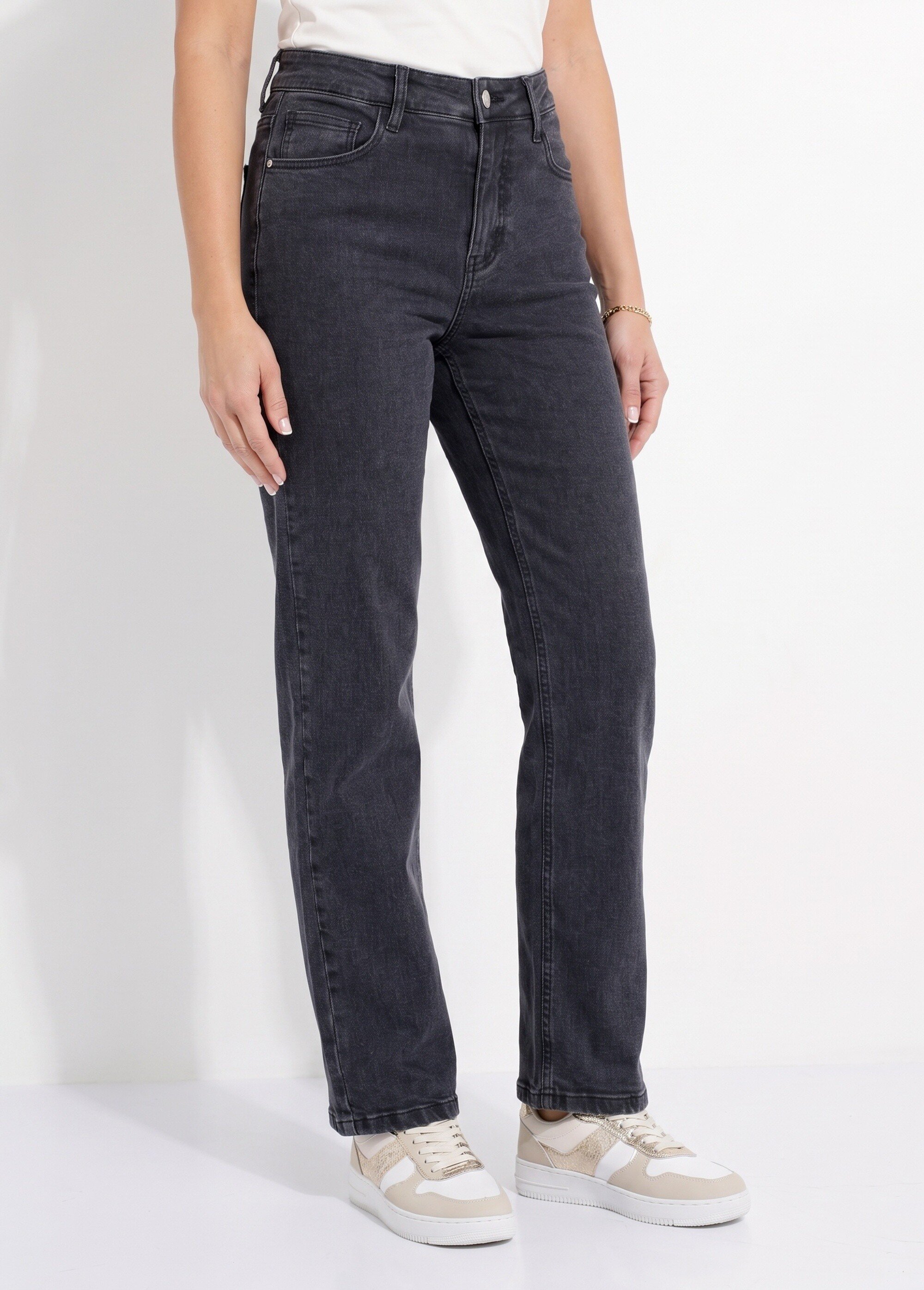 Jean couleur 5 poches droit taille haute Femme NOIR DELAVE NAMORE FA1