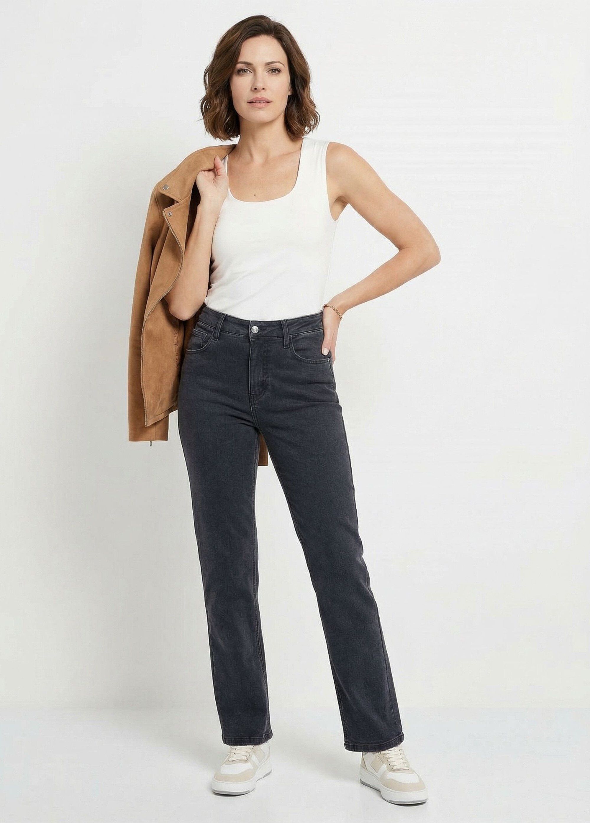 Jean couleur 5 poches droit taille haute Femme NOIR DELAVE NAMORE MV1