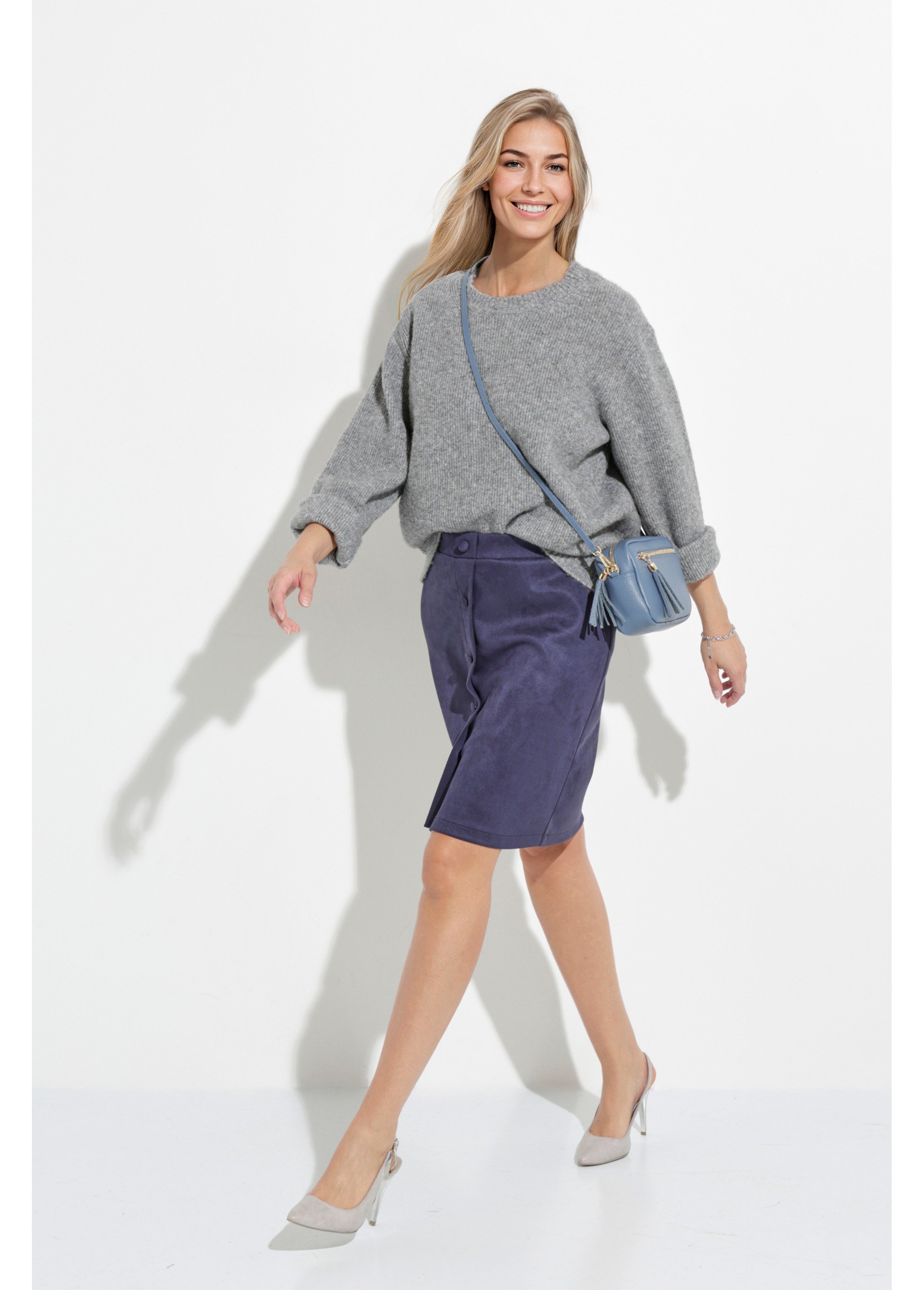 Jupe droite courte tissu suédé effet boutonné Femme Bleu LUCIE MV1