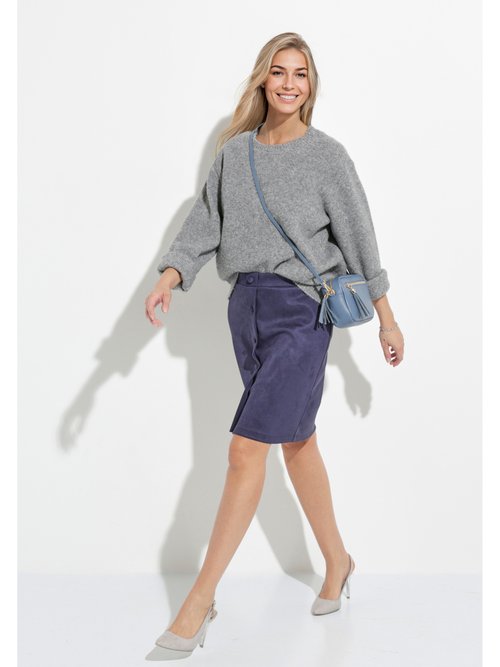 Jupe droite courte tissu suédé effet boutonné Femme Bleu LUCIE MV1