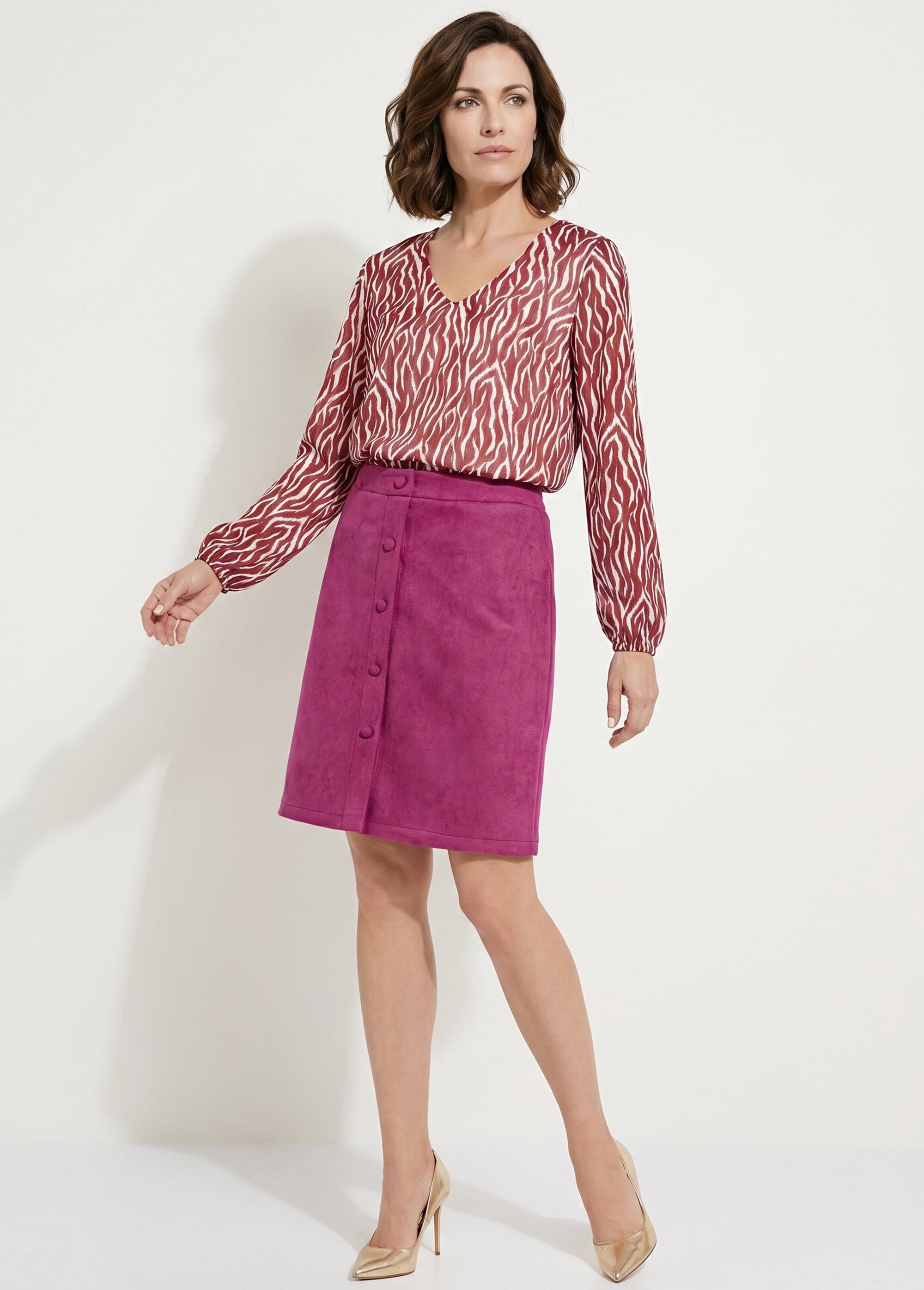 Jupe droite courte tissu suédé effet boutonné Femme Violet LUCIE MV1