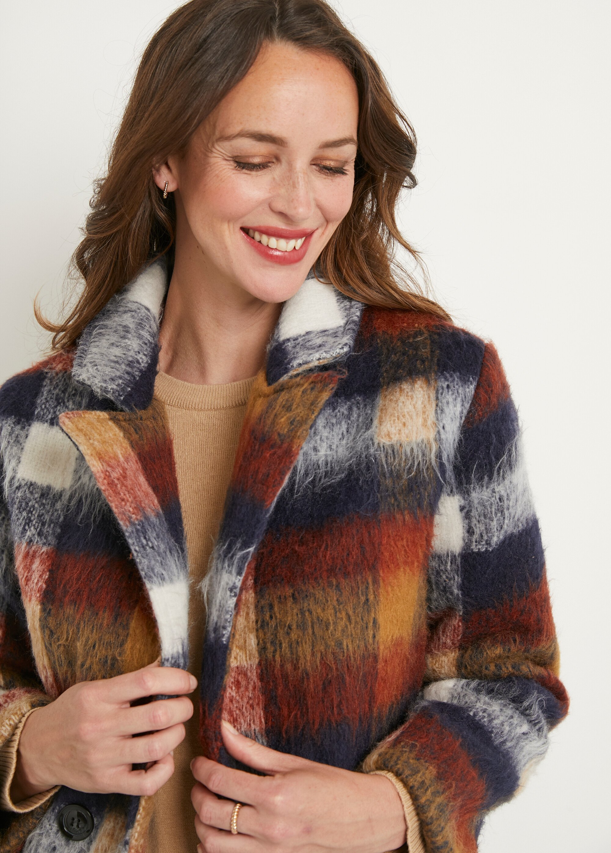 Manteau caban chaud tissu carreaux laine