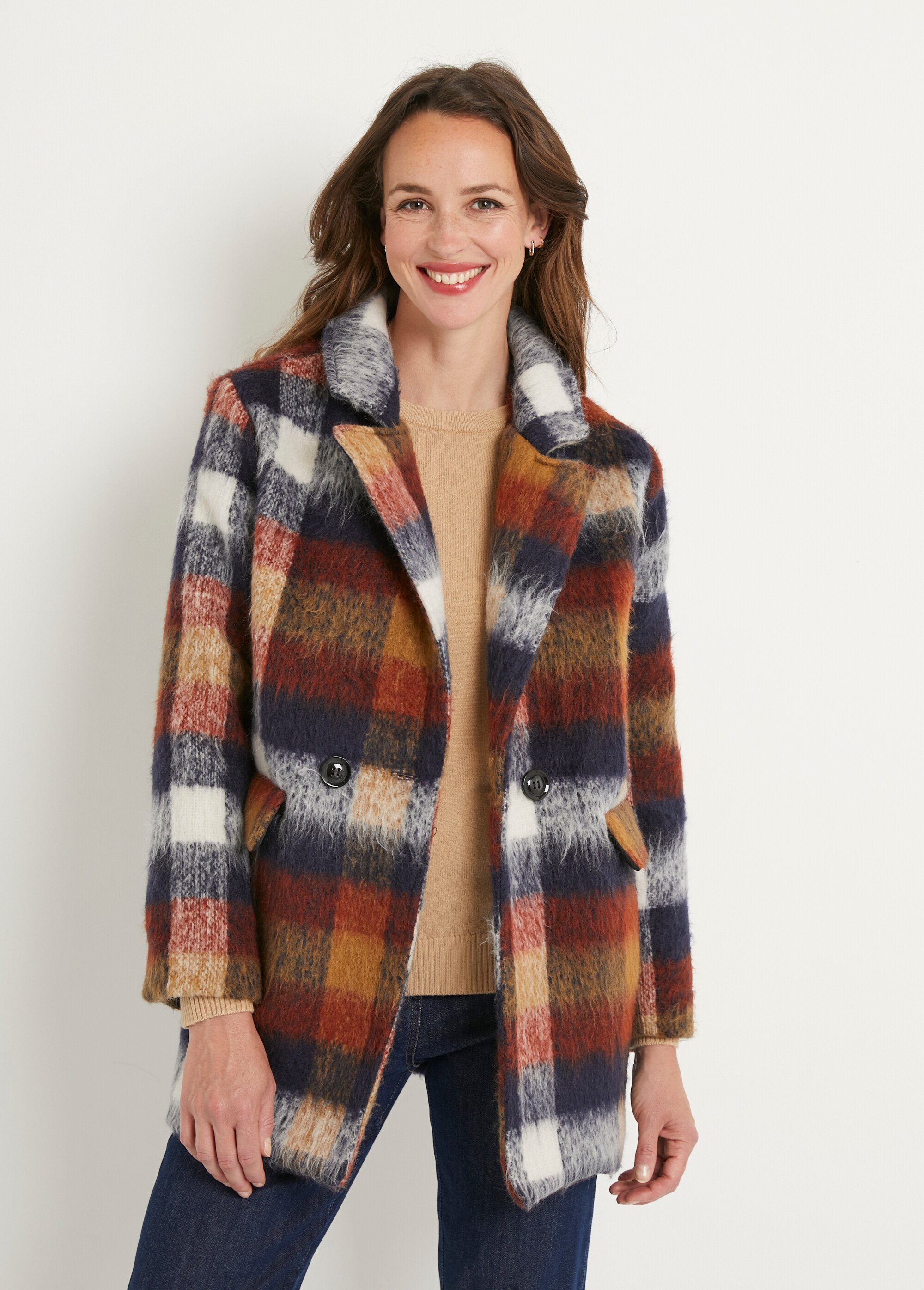 Manteau caban chaud tissu carreaux laine