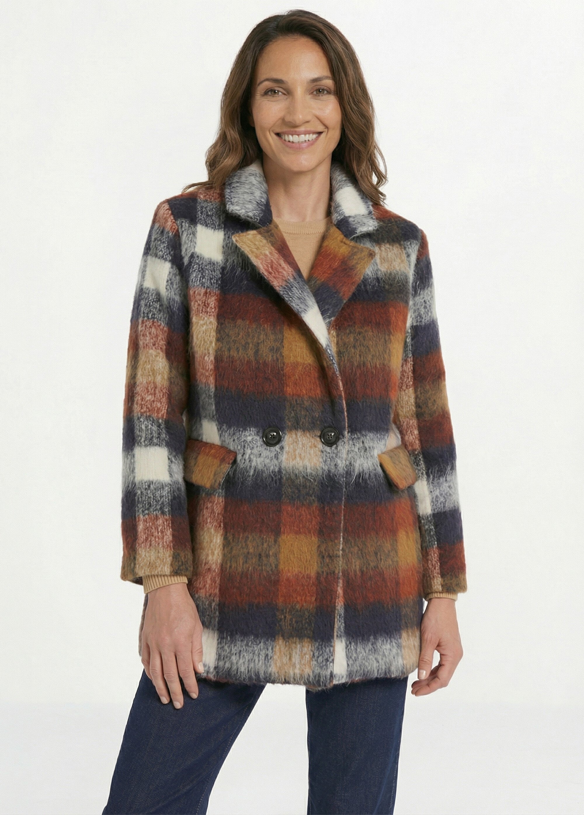 Manteau caban chaud tissu carreaux laine Femme Bleu TANDEM FA1