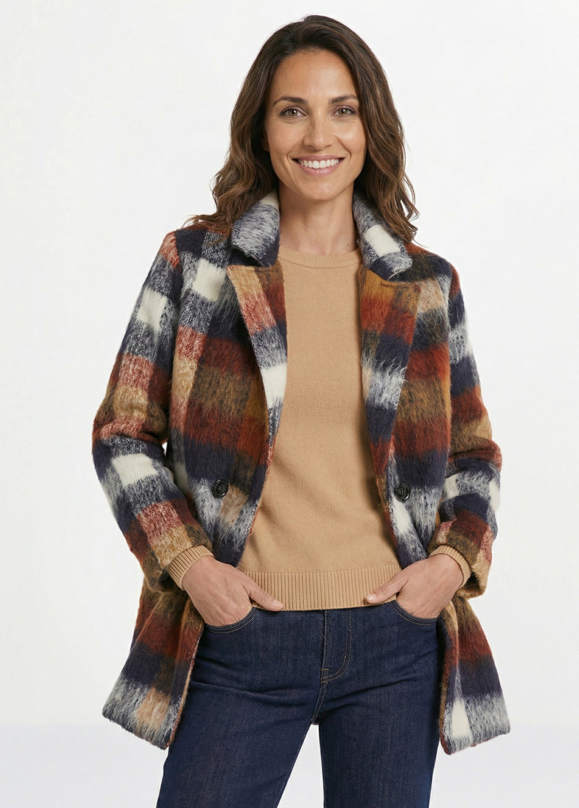 Manteau caban chaud tissu carreaux laine Femme Bleu TANDEM MV1