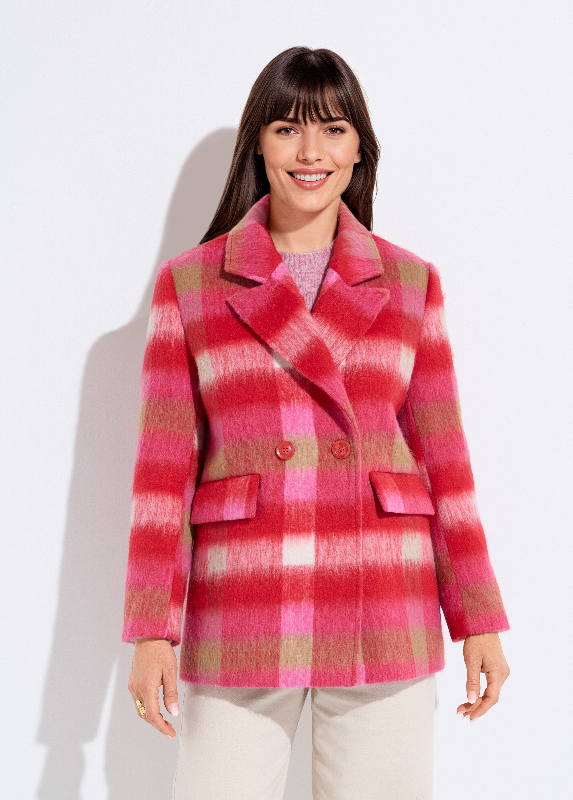 Manteau caban chaud tissu carreaux laine Femme CARREAUX ROSE TANDEM FA1