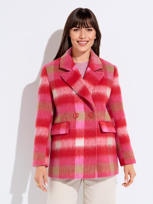 Manteau caban chaud tissu carreaux laine Femme CARREAUX ROSE TANDEM FA1