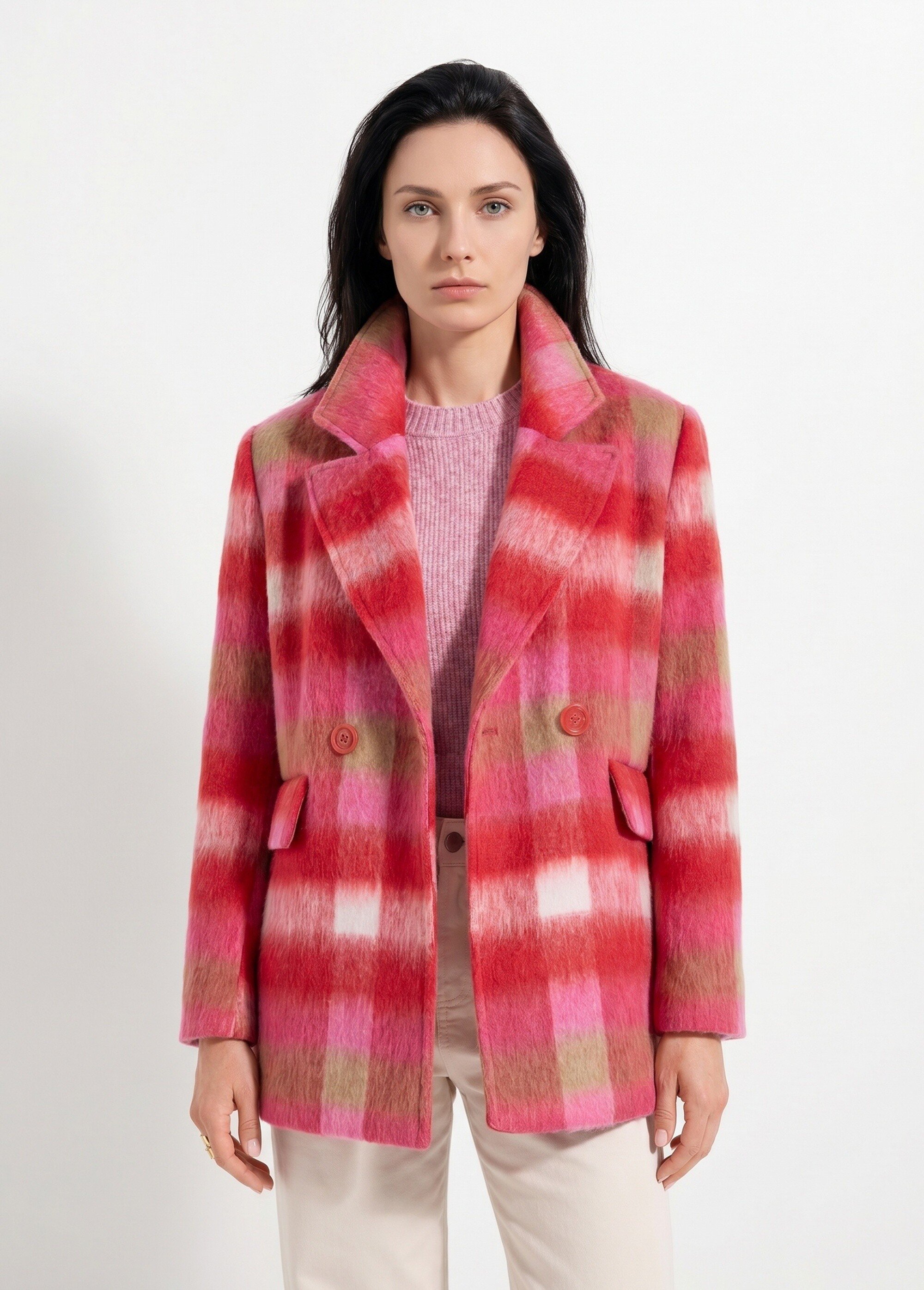 Manteau caban chaud tissu carreaux laine Femme CARREAUX ROSE TANDEM FA1