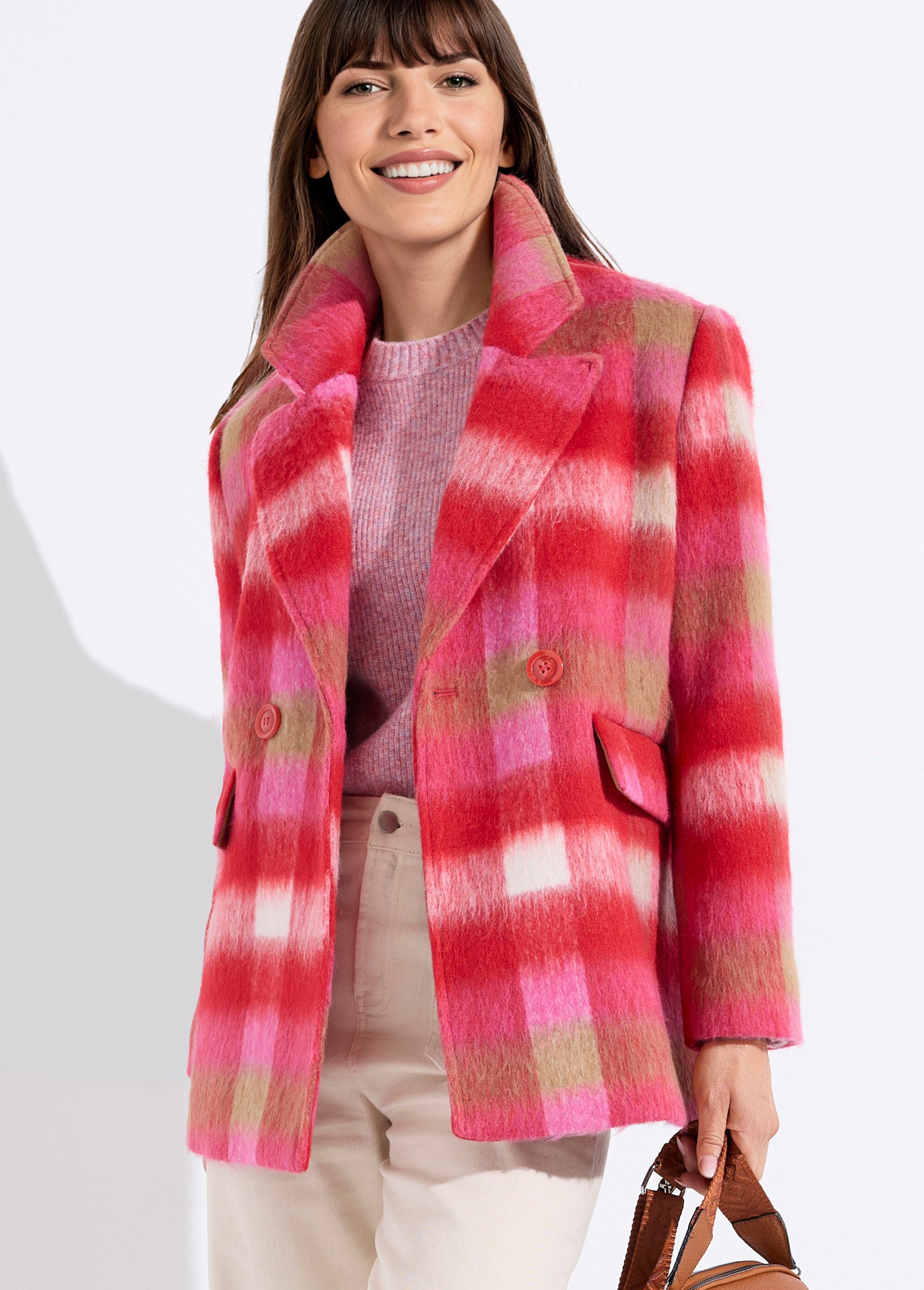 Manteau caban chaud tissu carreaux laine Femme CARREAUX ROSE TANDEM MV1