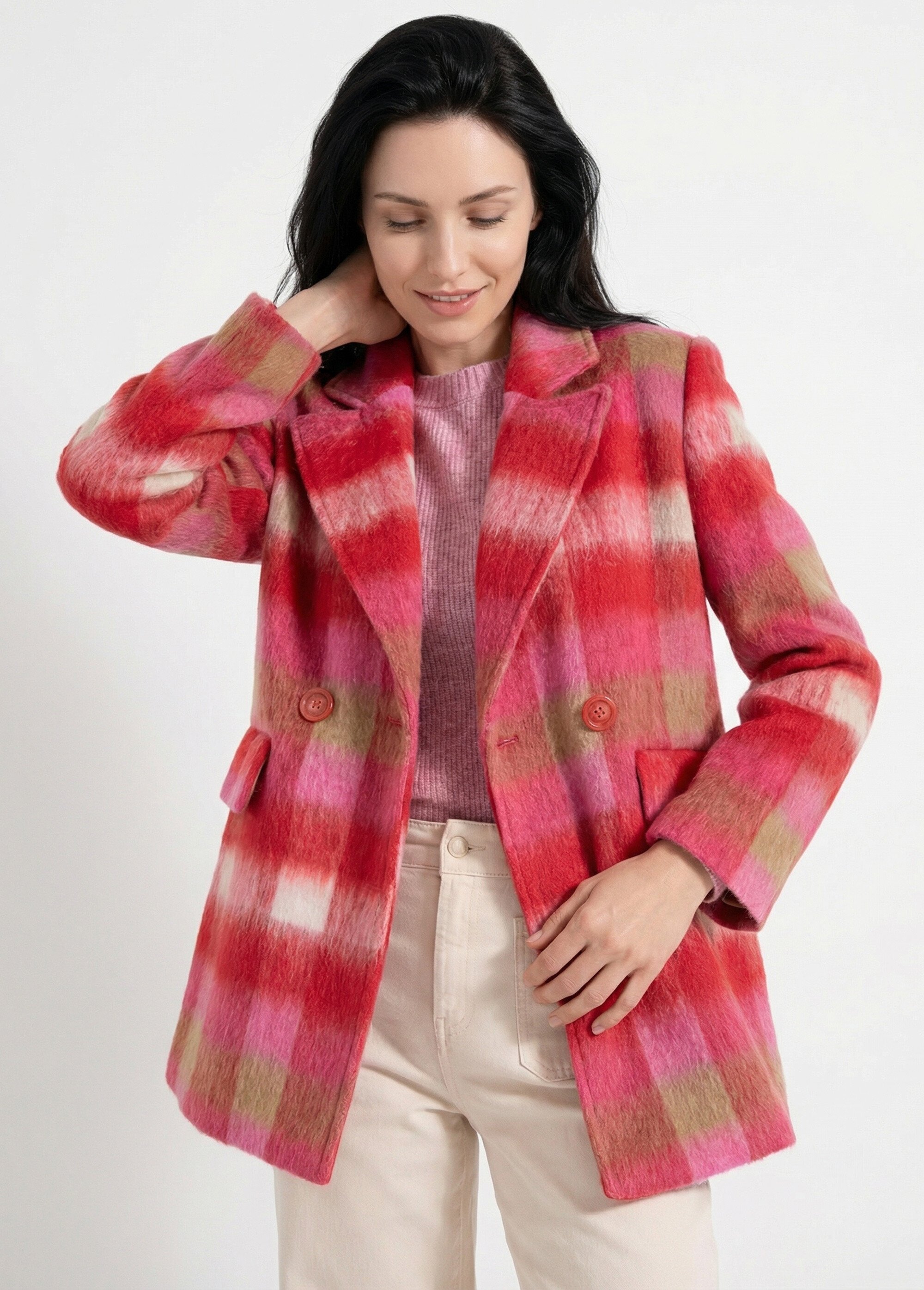 Manteau caban chaud tissu carreaux laine Femme CARREAUX ROSE TANDEM MV1