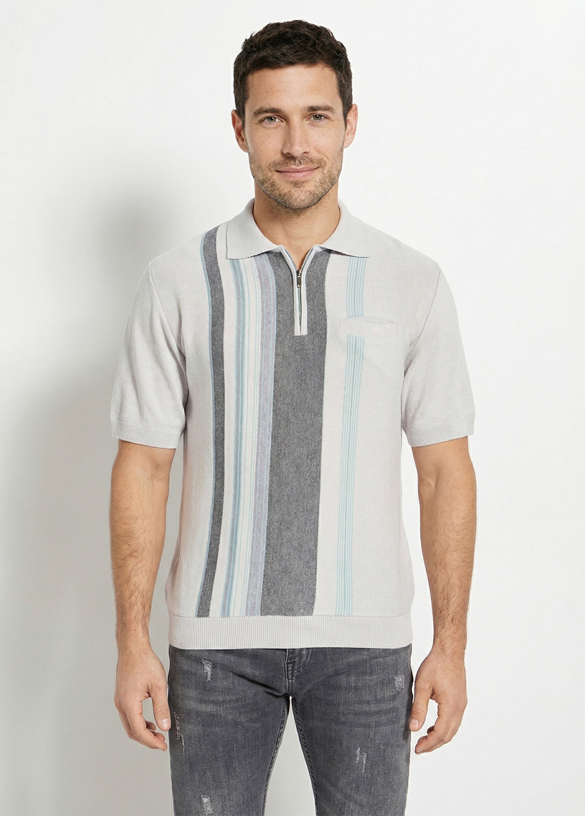 Polo zippé manches courtes rayures jacquard Homme Gris FAVENEC FA1