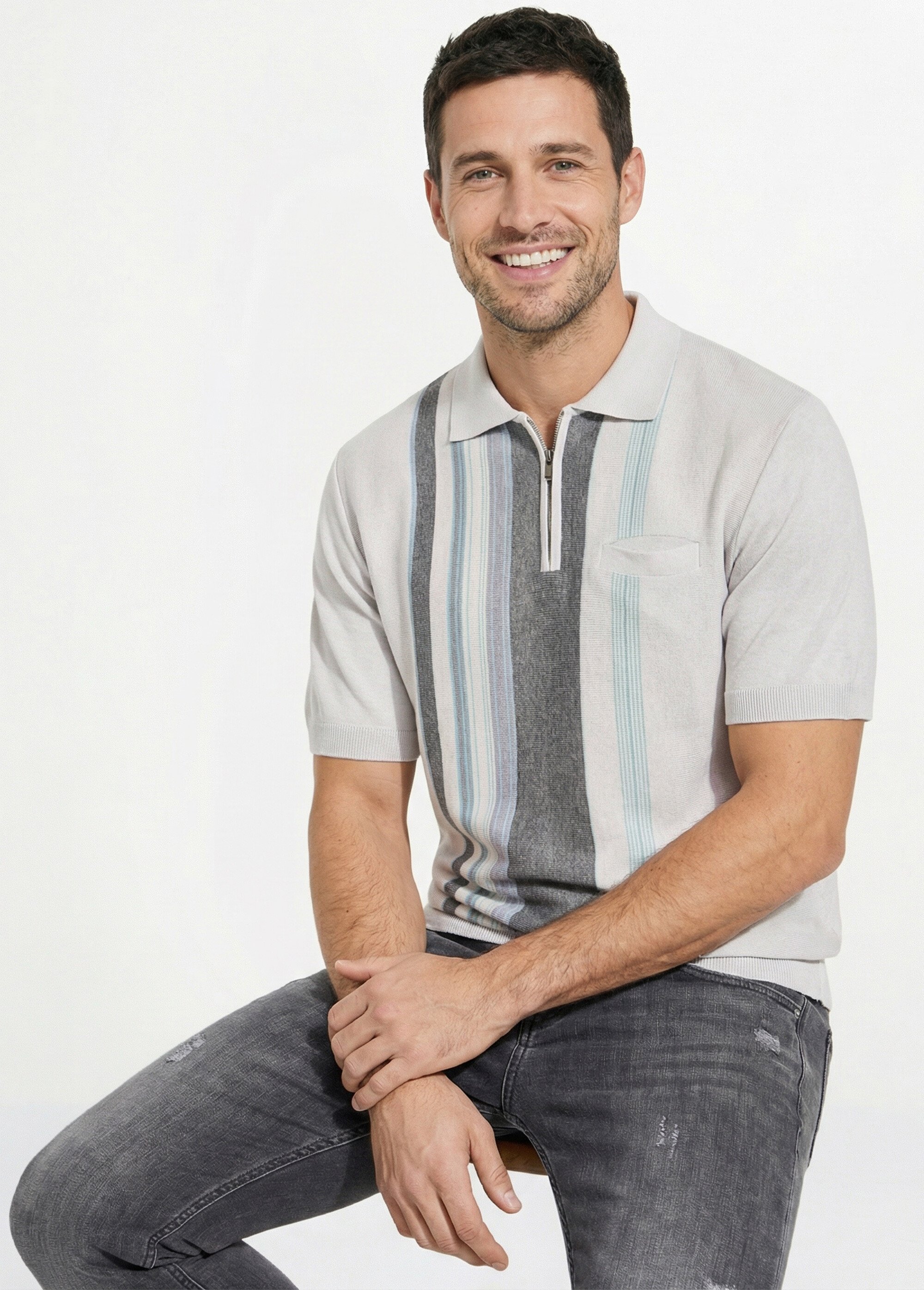 Polo zippé manches courtes rayures jacquard