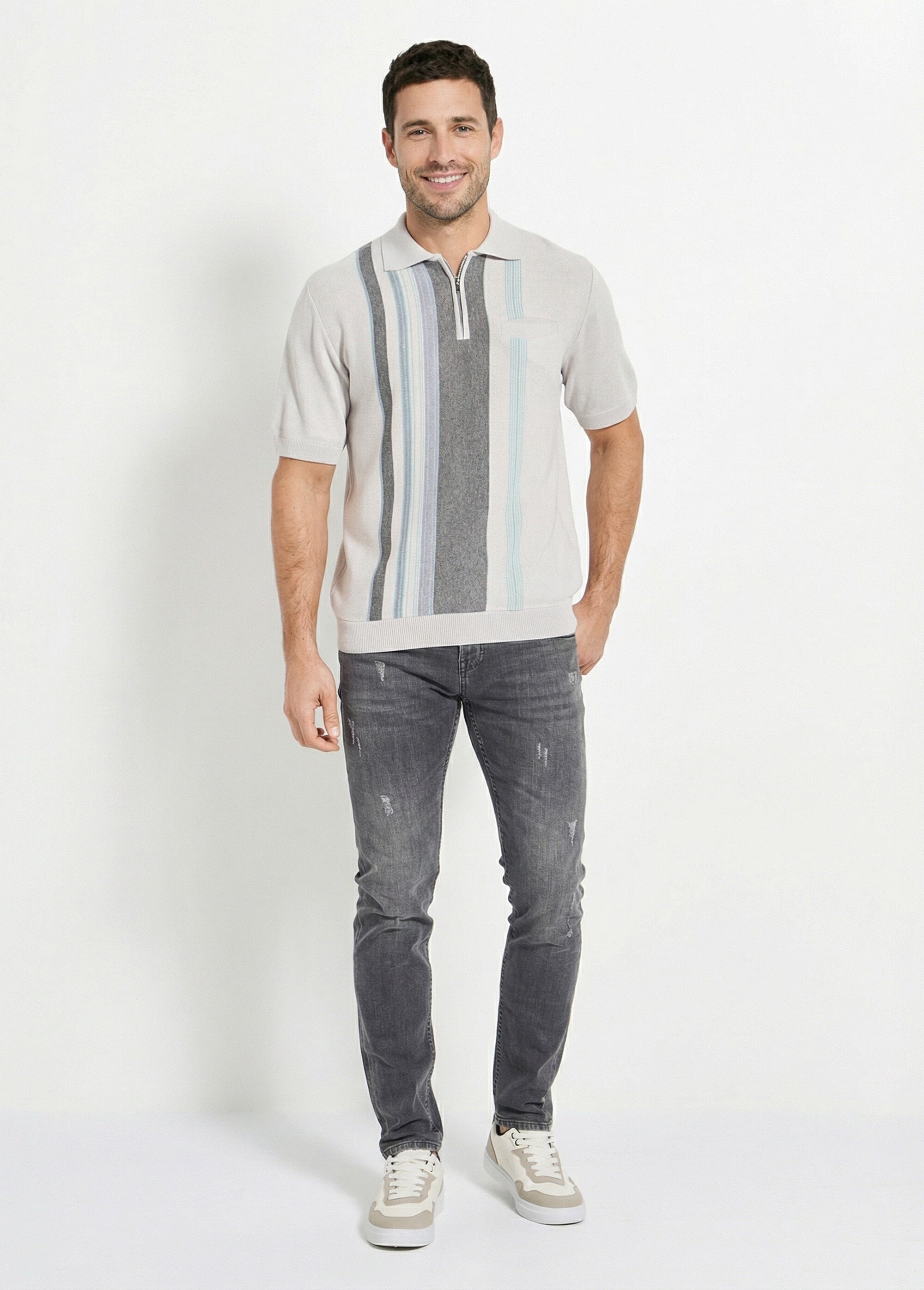 Polo zippé manches courtes rayures jacquard Homme Gris FAVENEC SI1